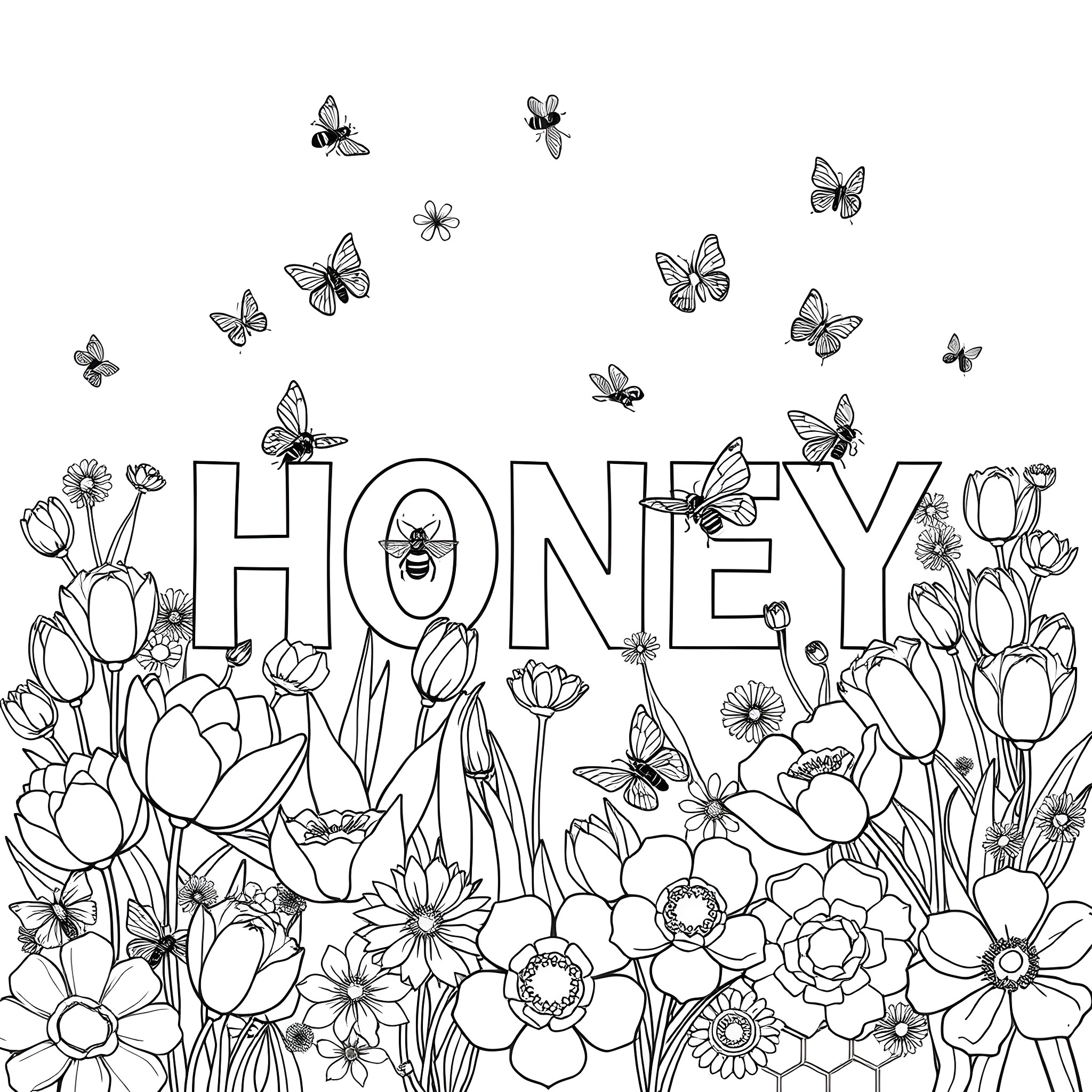 Honey surrounded by flowers and butterflies Coloring Page (free black-and-white line drawing printable PDF for all, from beginners to advanced learners, including children, teens, adults, and seniors)