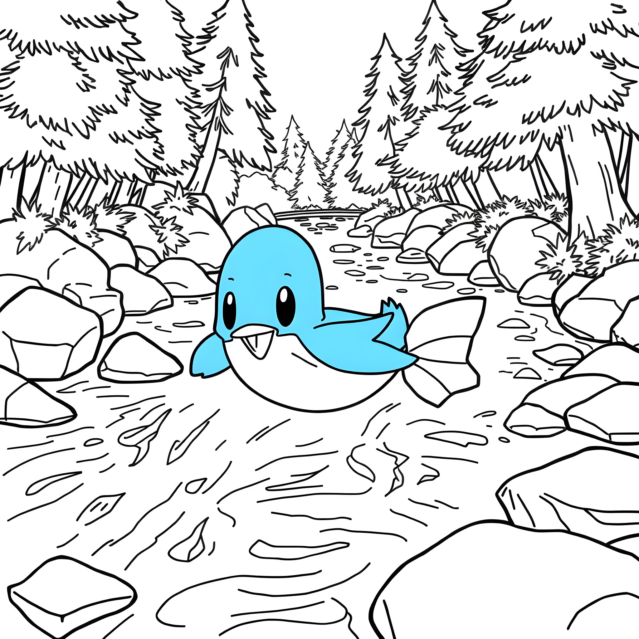 Golduck swimming in forest stream Coloring Page (free black-and-white line drawing printable PDF for all, from beginners to advanced learners, including children, teens, adults, and seniors)