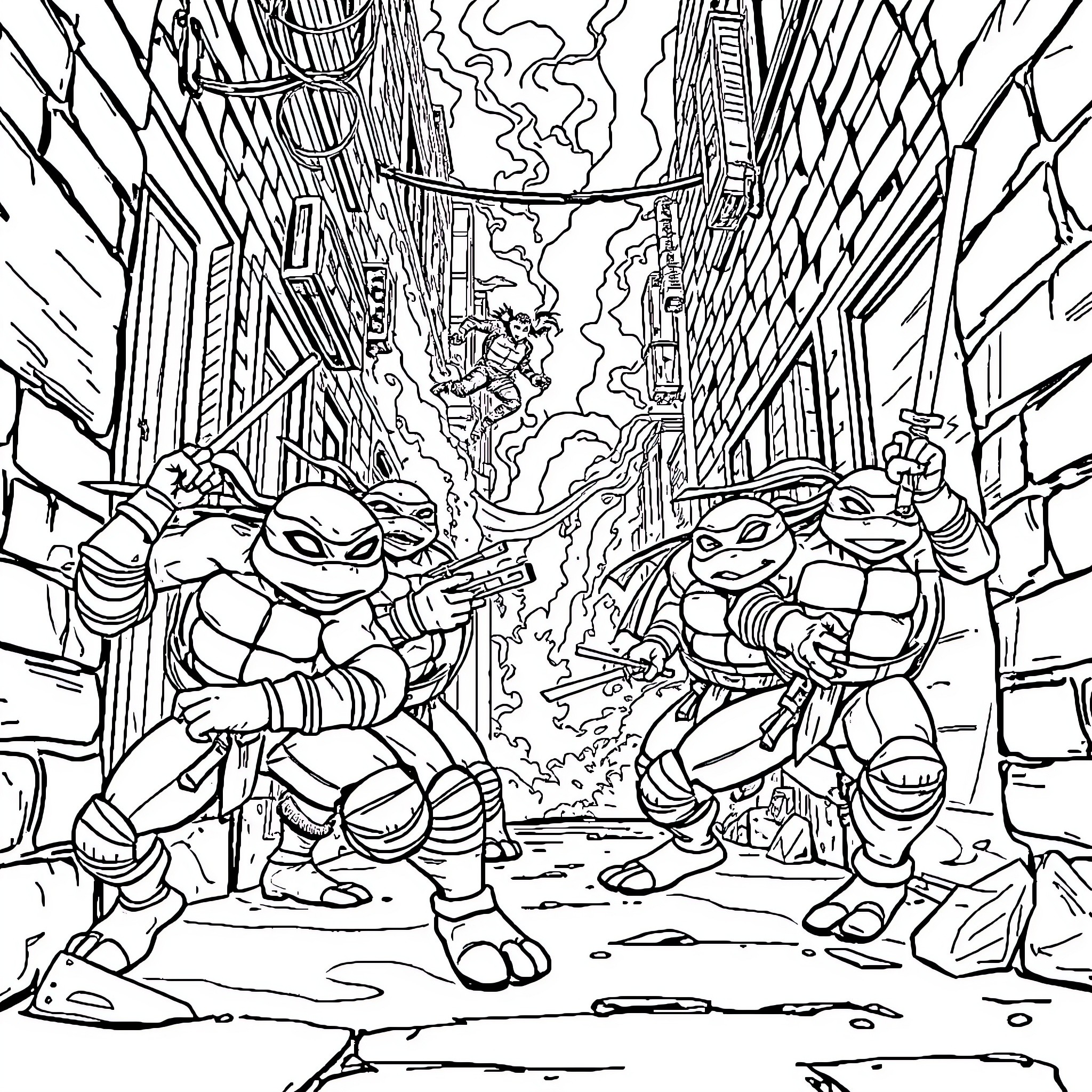 Teenage Mutant Ninja Turtles battling in a chaotic city scene Coloring Page (free black-and-white line drawing printable PDF for all, from beginners to advanced learners, including children, teens, adults, and seniors)