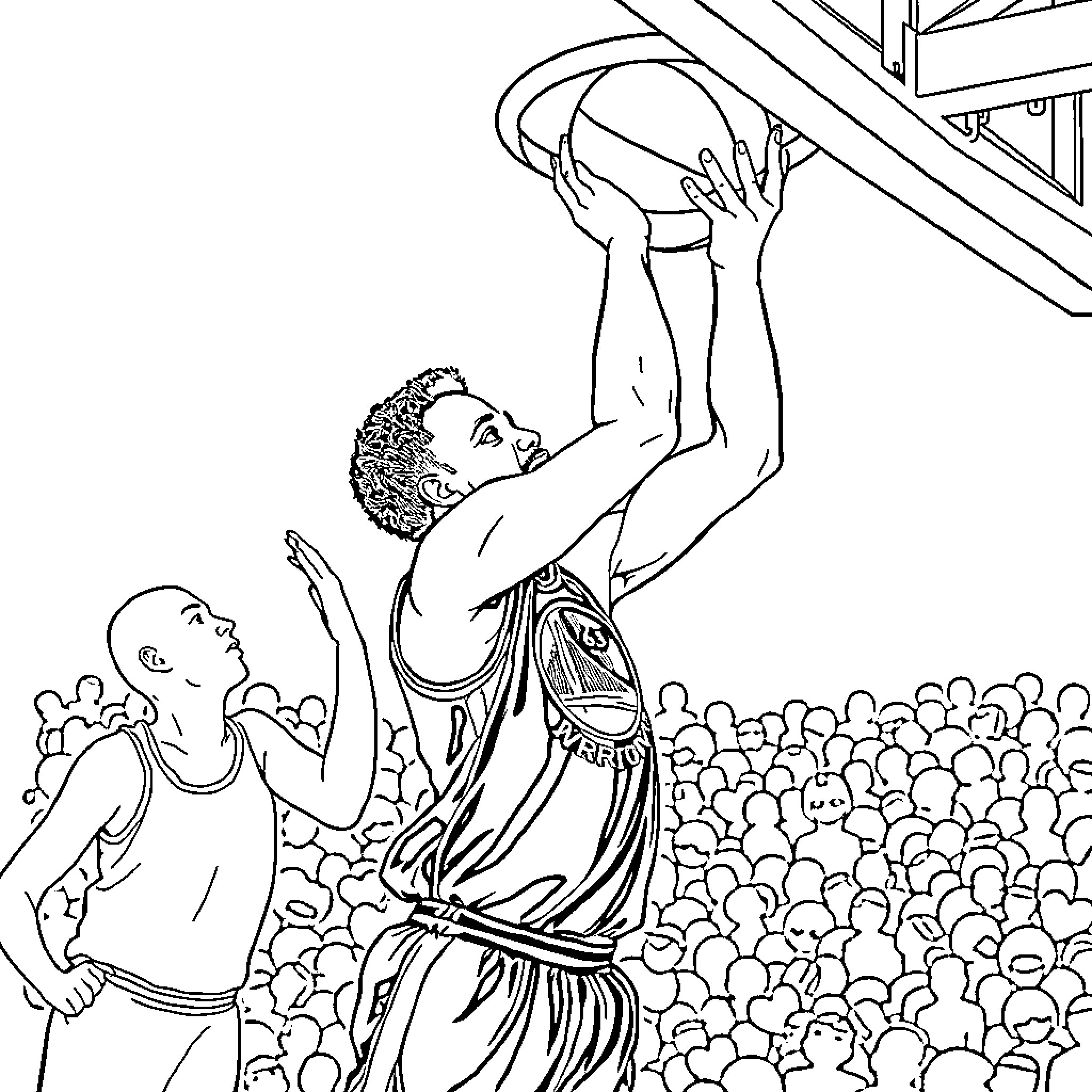 Stephen Curry dunking on basketball court with crowd Coloring Page (free black-and-white line drawing printable PDF for all, from beginners to advanced learners, including children, teens, adults, and seniors)