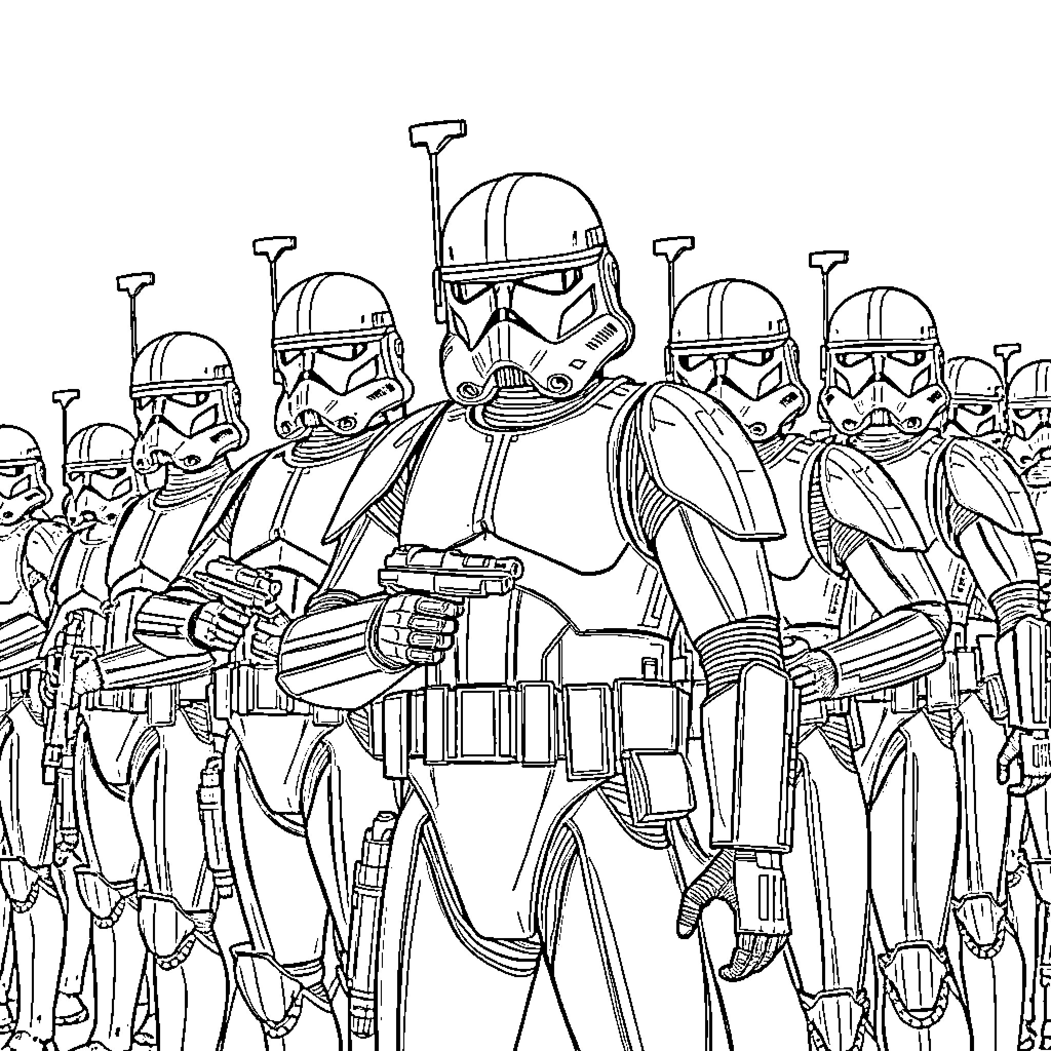 Clone Troopers Marching in Formation Coloring Page (free black-and-white line drawing printable PDF for all, from beginners to advanced learners, including children, teens, adults, and seniors)