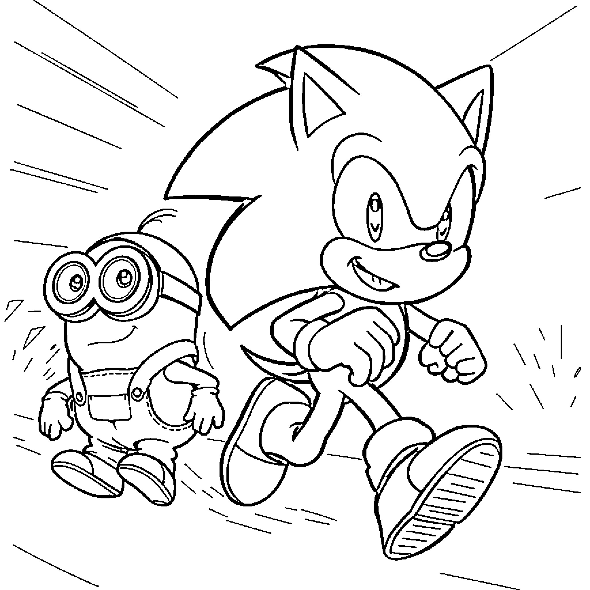 Sonic the Hedgehog running excitedly with Minion companion Coloring Page (free black-and-white line drawing printable PDF for all, from beginners to advanced learners, including children, teens, adults, and seniors)