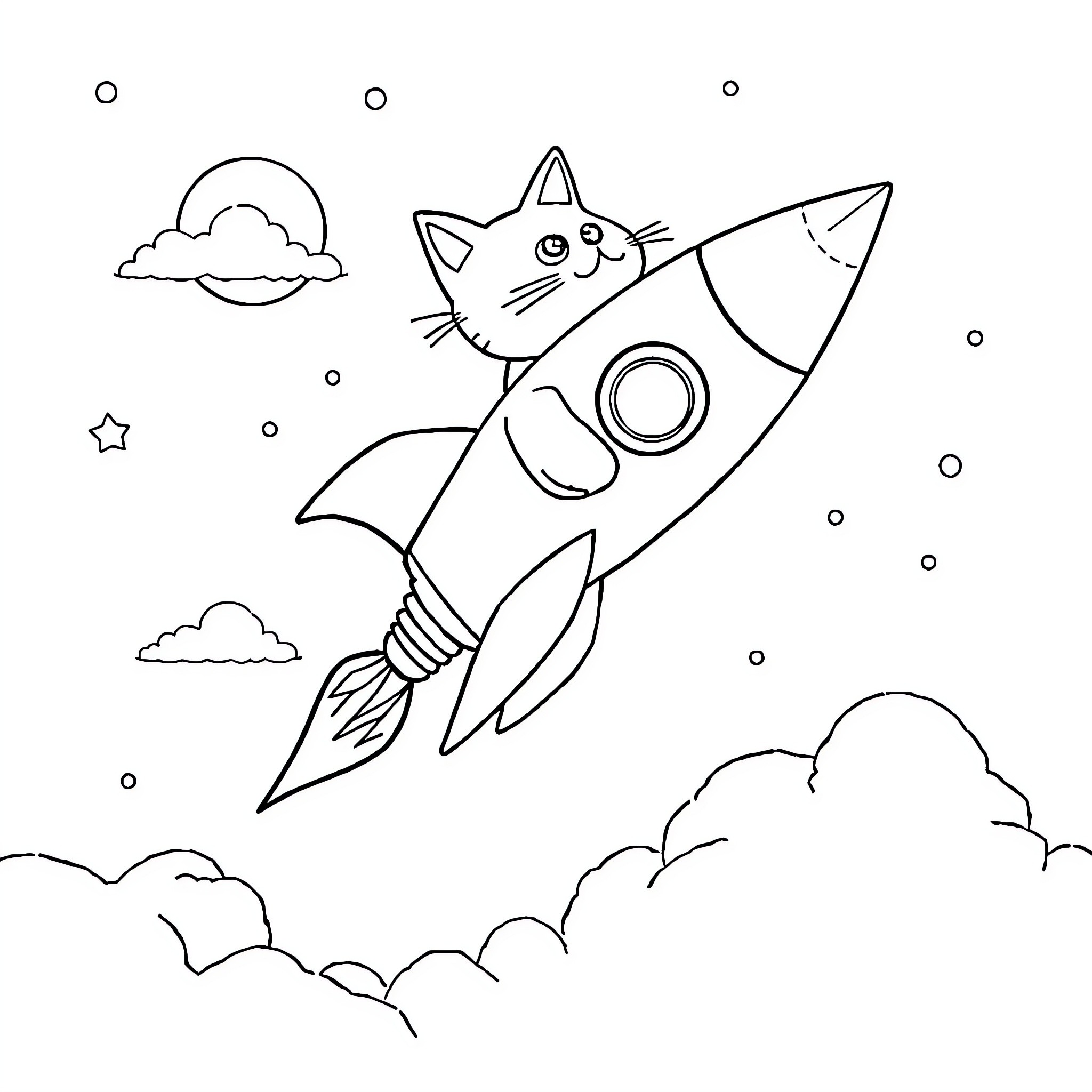Rocket Cat soaring through the starry sky Coloring Page (free black-and-white line drawing printable PDF for all, from beginners to advanced learners, including children, teens, adults, and seniors)