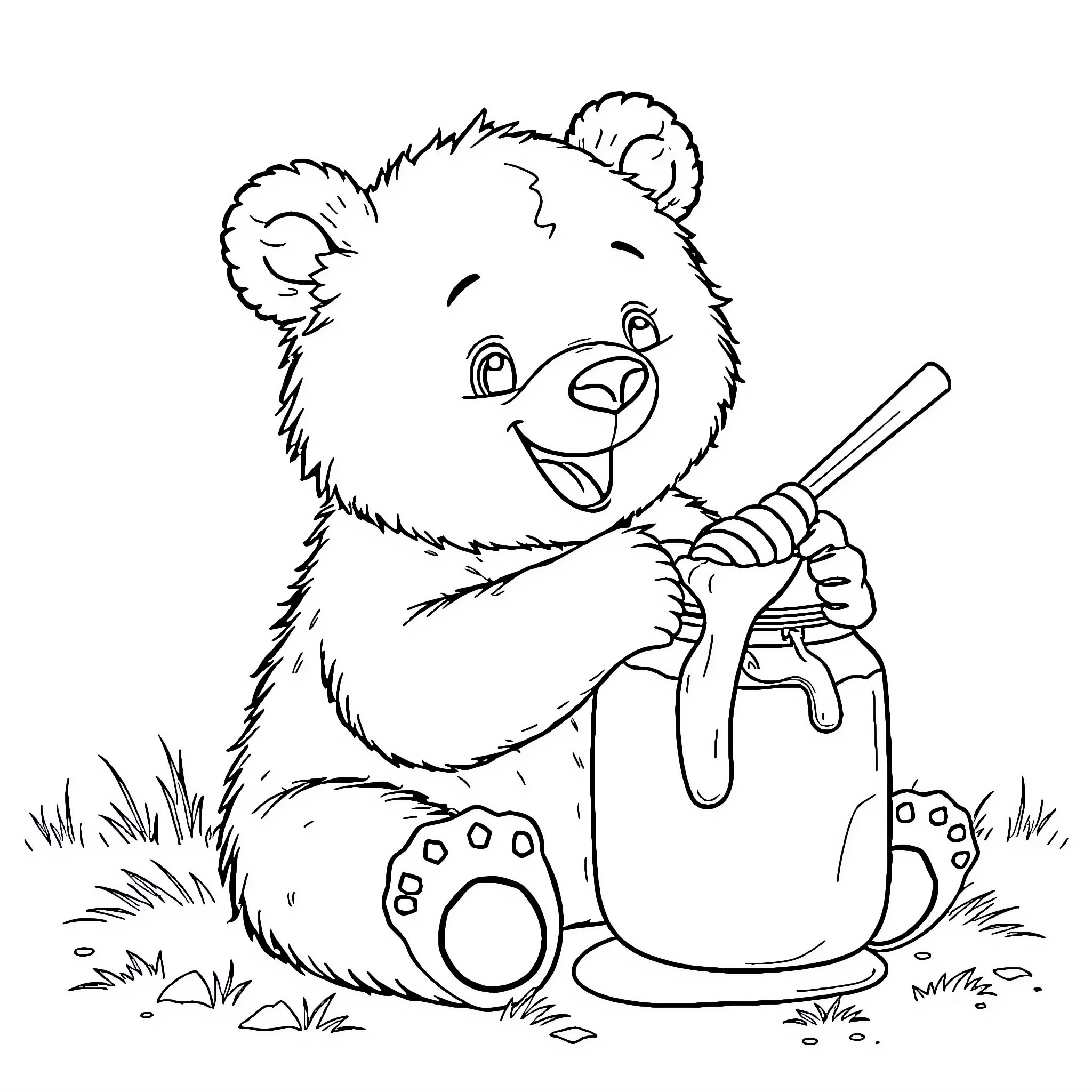 Cub bear playing with bucket and shovel in grass Coloring Page (free black-and-white line drawing printable PDF for all, from beginners to advanced learners, including children, teens, adults, and seniors)
