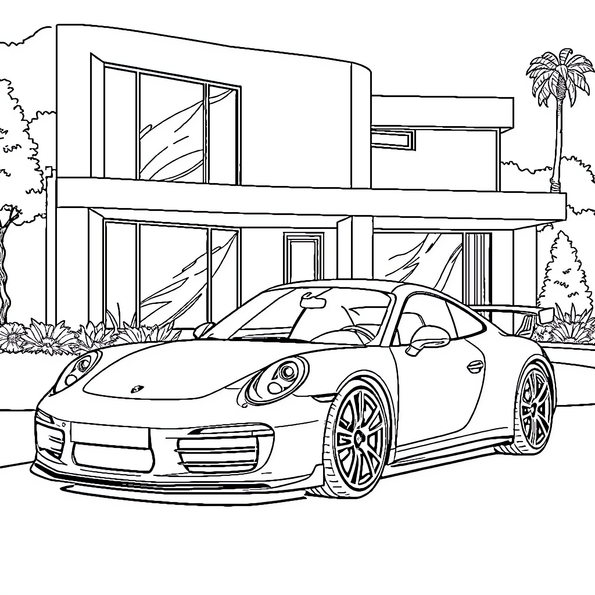 Porsche sports car in front of modern house Coloring Page (free black-and-white line drawing printable PDF for all, from beginners to advanced learners, including children, teens, adults, and seniors)