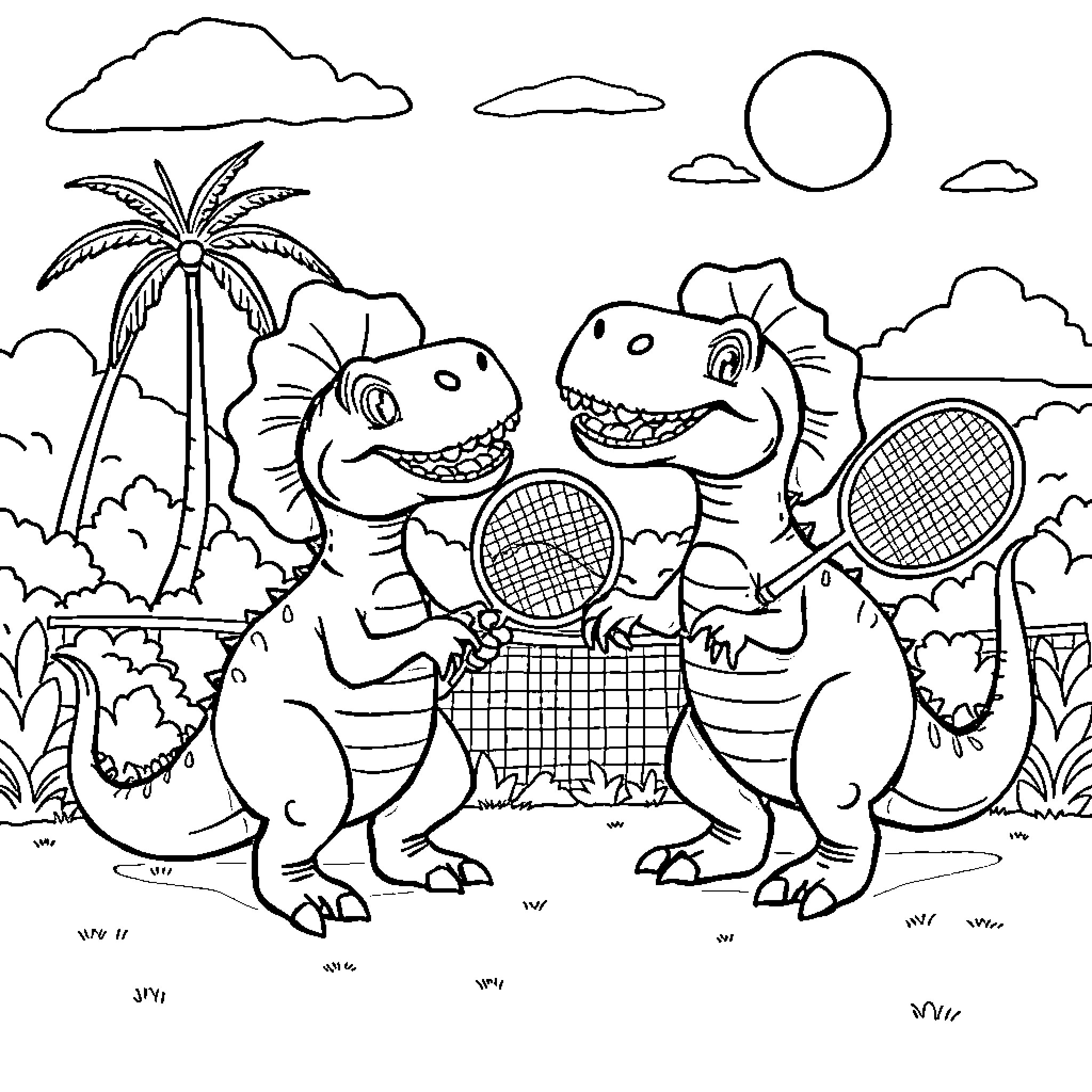 Dinosaurs Playing Tennis in a Tropical Landscape Coloring Page (free black-and-white line drawing printable PDF for all, from beginners to advanced learners, including children, teens, adults, and seniors)