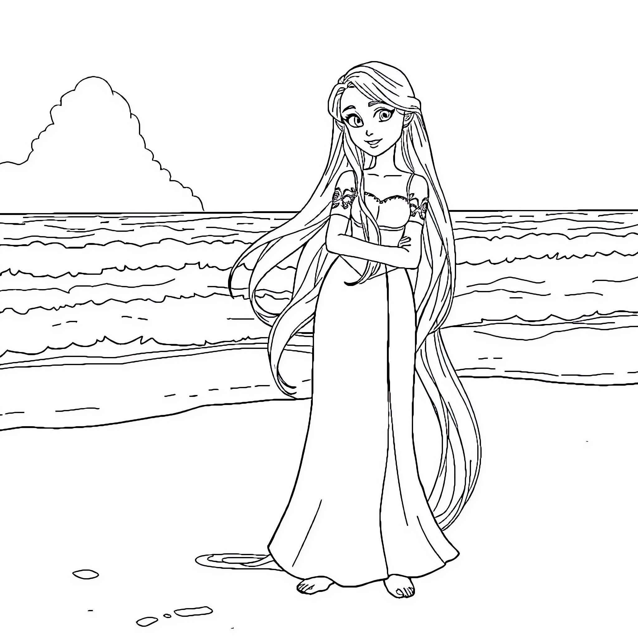 Rapunzel enjoying a peaceful day at the beach Coloring Page (free black-and-white line drawing printable PDF for all, from beginners to advanced learners, including children, teens, adults, and seniors)