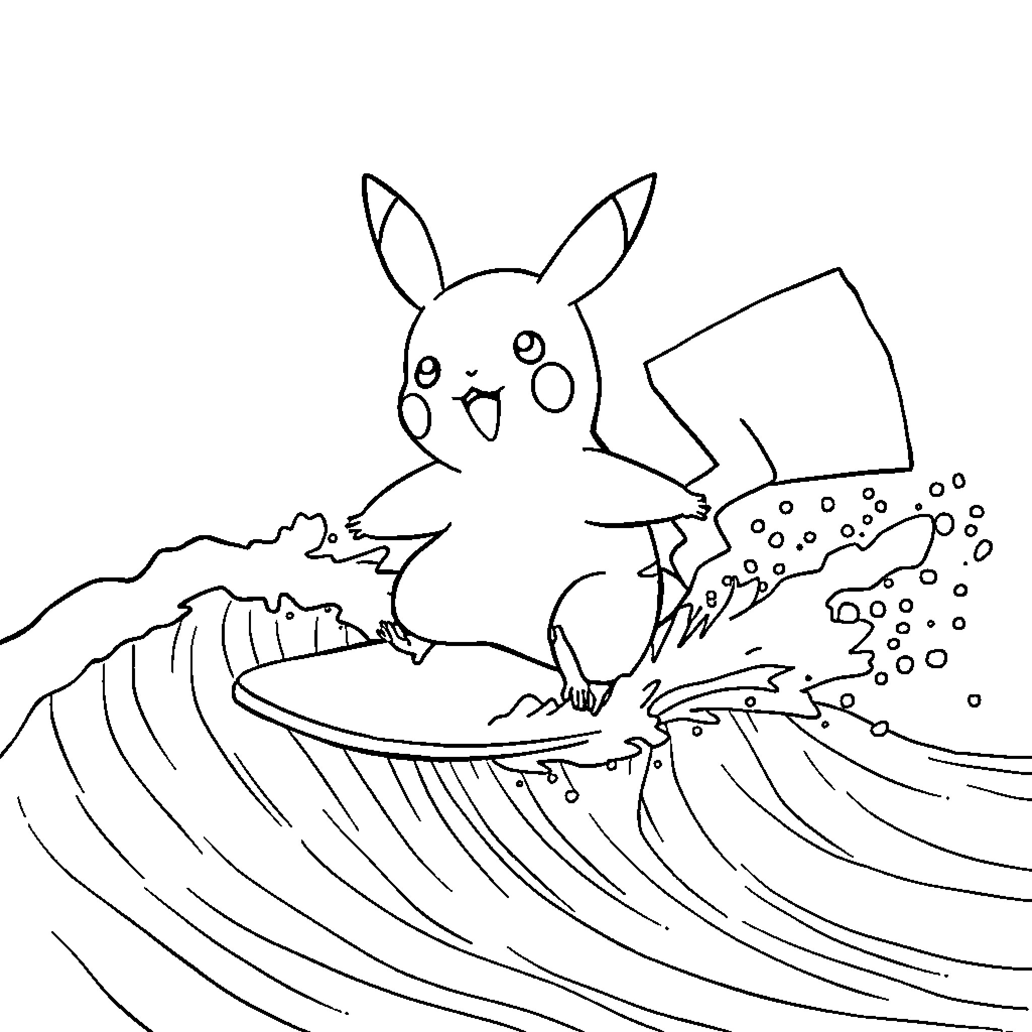 Pikachu splashing in the waves Coloring Page (free black-and-white line drawing printable PDF for all, from beginners to advanced learners, including children, teens, adults, and seniors)