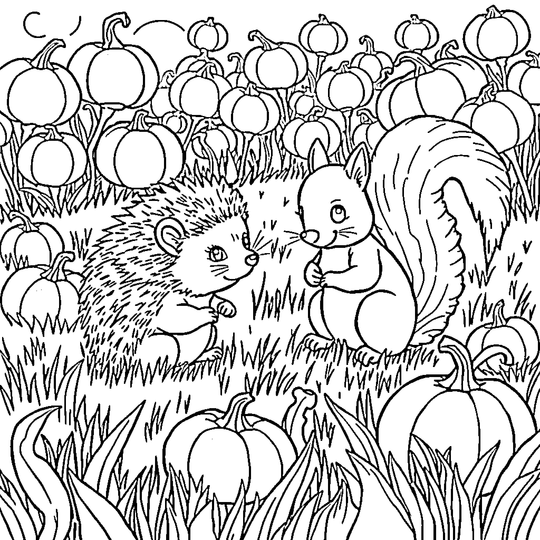 Hedgehog friends in pumpkin patch Coloring Page (free black-and-white line drawing printable PDF for all, from beginners to advanced learners, including children, teens, adults, and seniors)