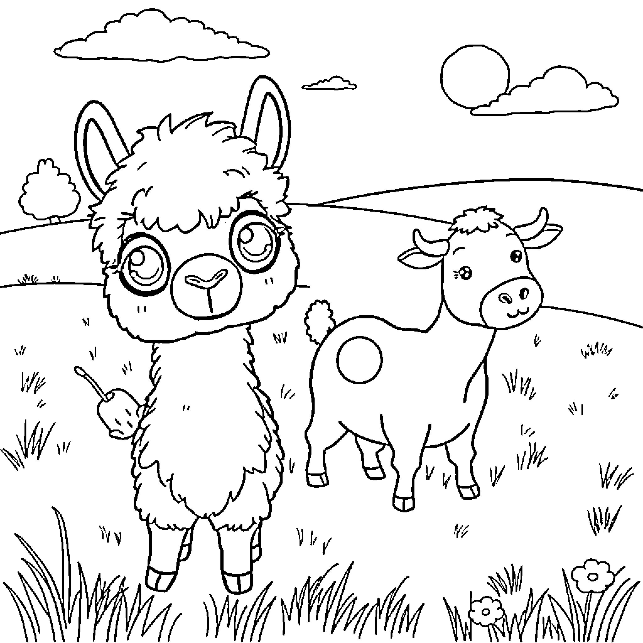 Llama and Cow Enjoying Pastoral Scenery Coloring Page (free black-and-white line drawing printable PDF for all, from beginners to advanced learners, including children, teens, adults, and seniors)