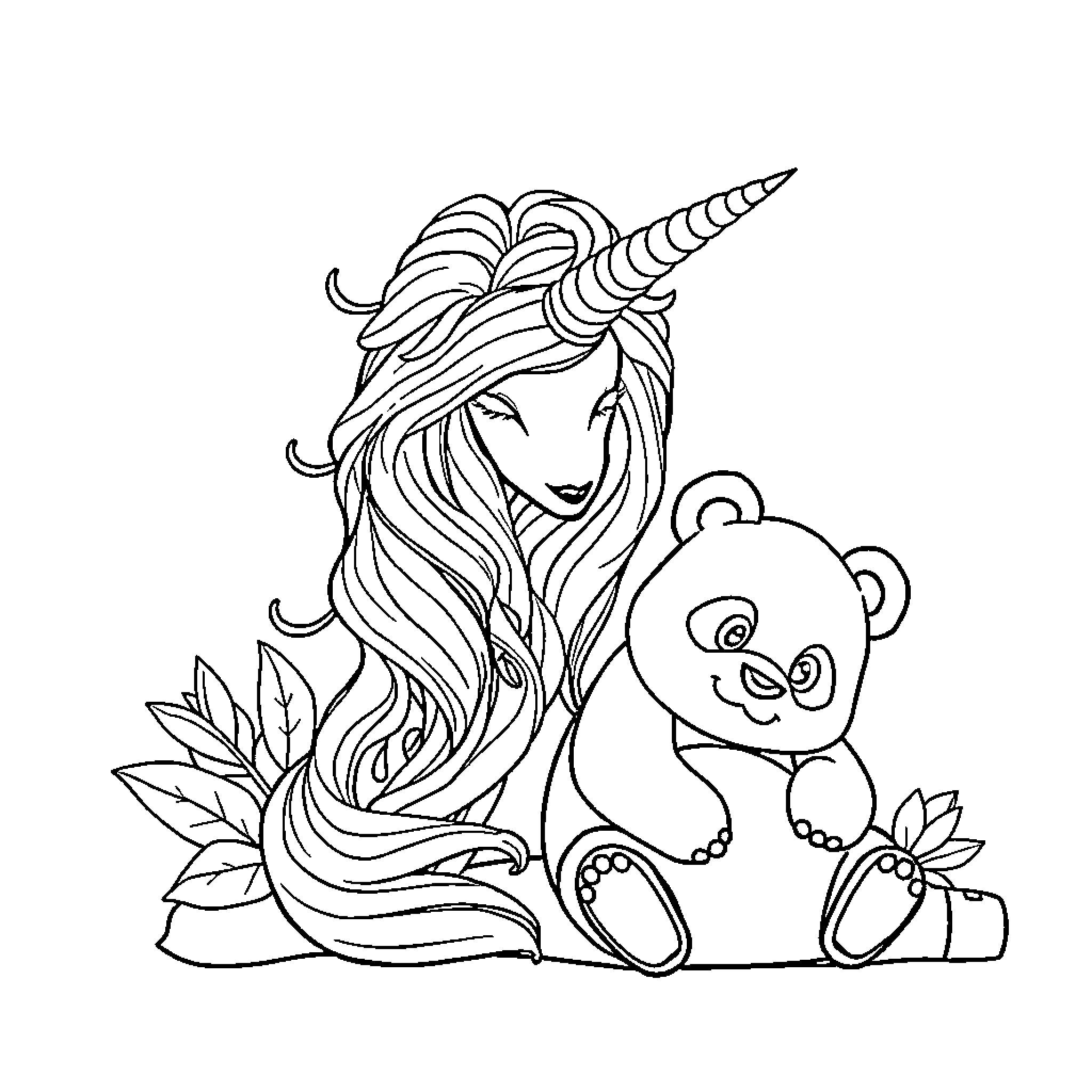 Unicorn and panda playing in a magical forest Coloring Page (free black-and-white line drawing printable PDF for all, from beginners to advanced learners, including children, teens, adults, and seniors)