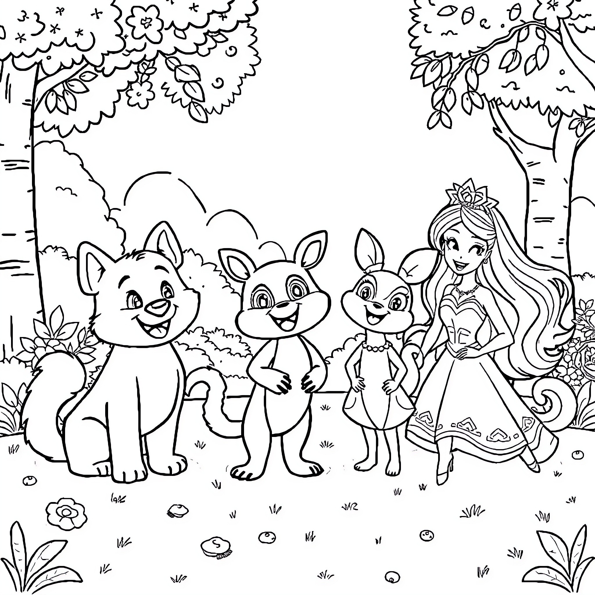 Tchoupi and friends explore the magical forest Coloring Page (free black-and-white line drawing printable PDF for all, from beginners to advanced learners, including children, teens, adults, and seniors)