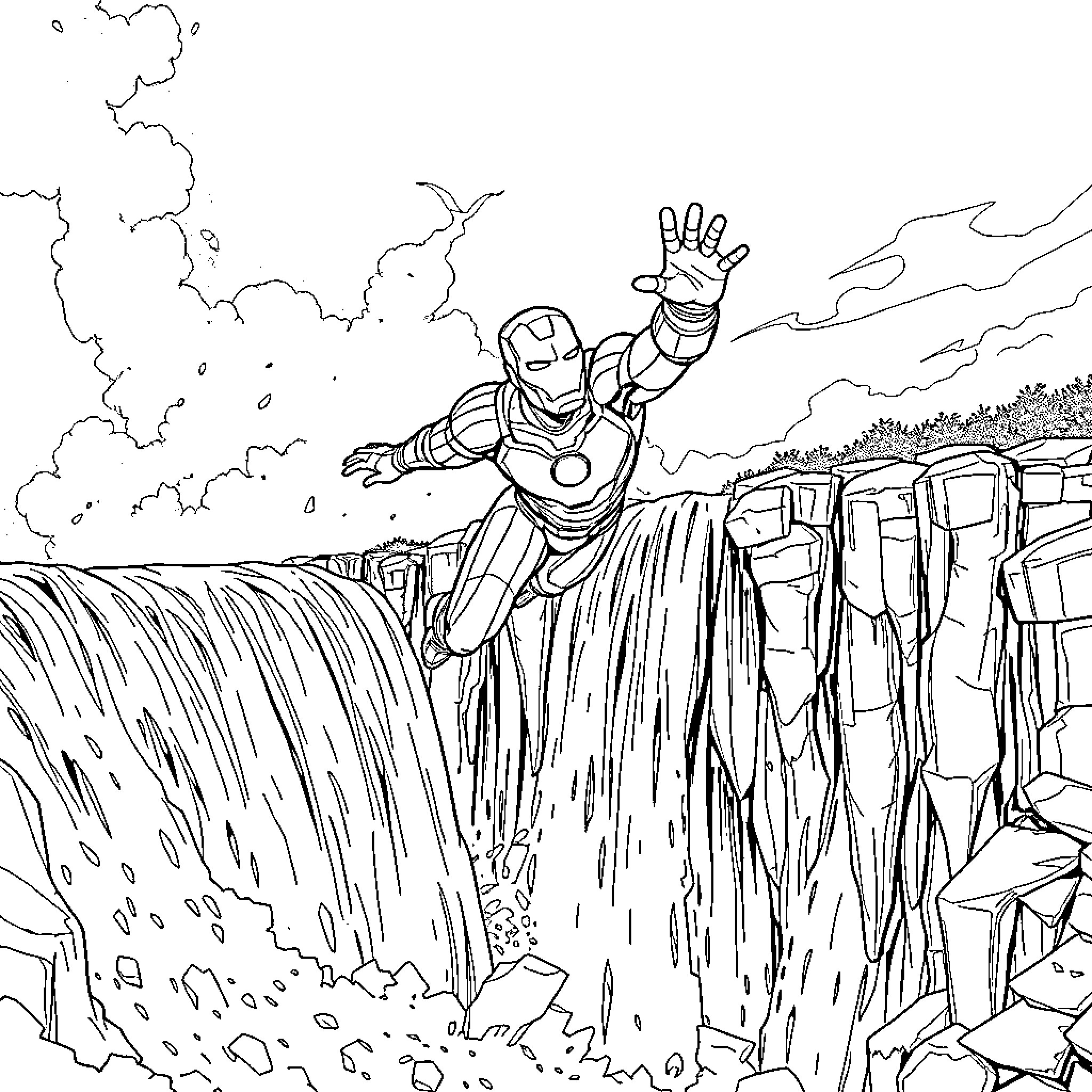 Iron Man flying heroically through a rocky canyon Coloring Page (free black-and-white line drawing printable PDF for all, from beginners to advanced learners, including children, teens, adults, and seniors)