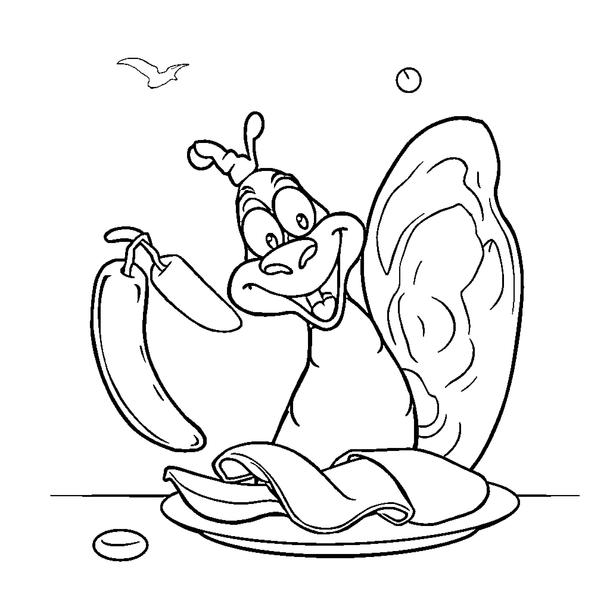 Mono Butterfly Picnicking Happily on a Plate Coloring Page (free black-and-white line drawing printable PDF for all, from beginners to advanced learners, including children, teens, adults, and seniors)