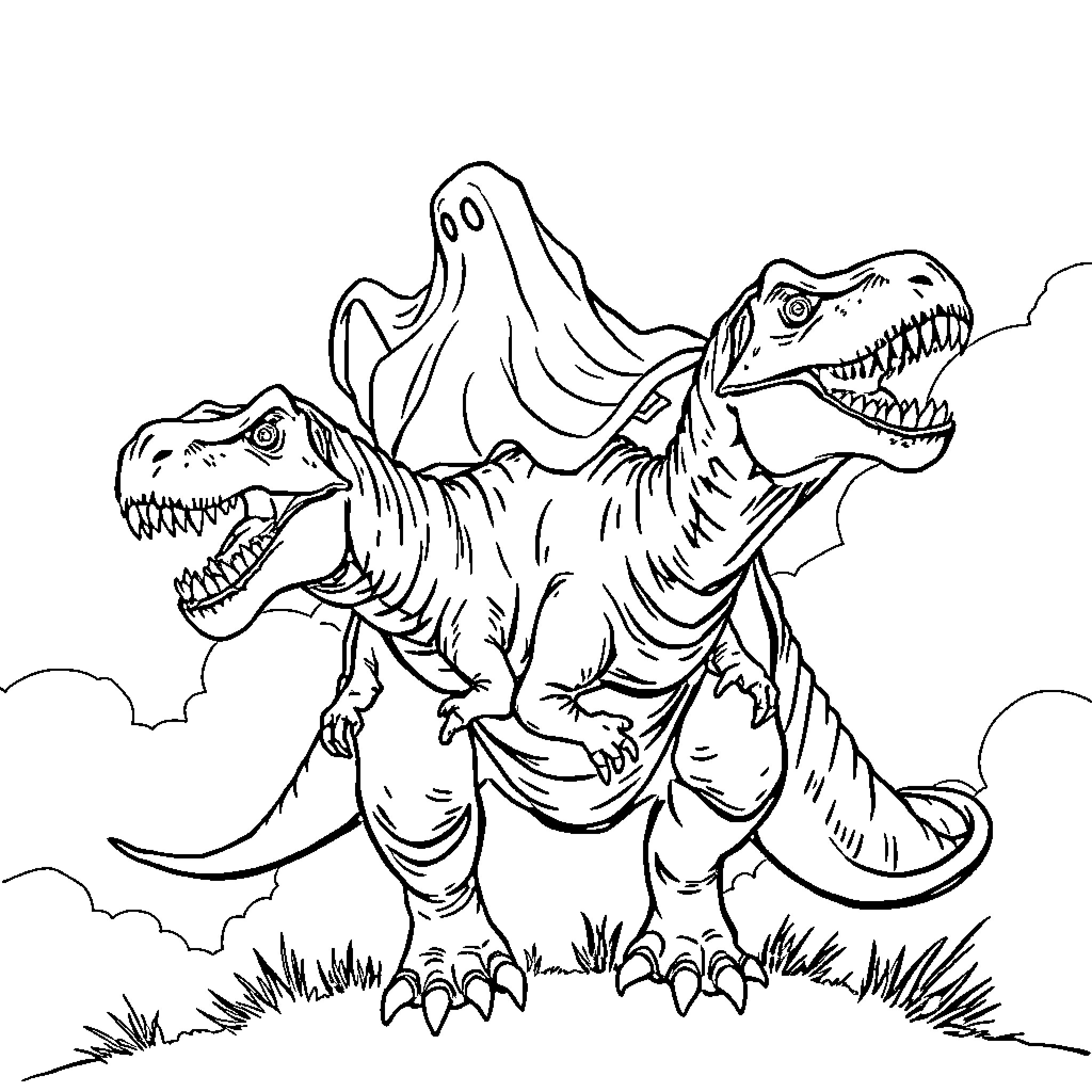 Ghost Dinosaurs Roaming the Prehistoric Landscape Coloring Page (free black-and-white line drawing printable PDF for all, from beginners to advanced learners, including children, teens, adults, and seniors)