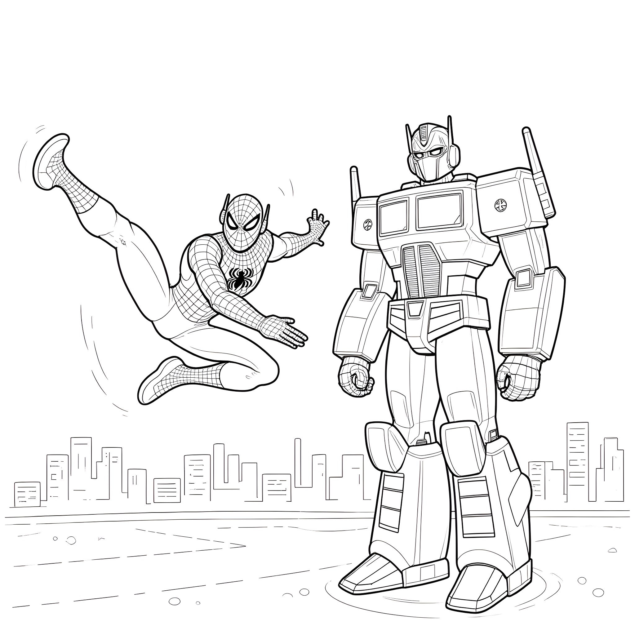 Spiderman takes on a robotic adversary in the city Coloring Page (free black-and-white line drawing printable PDF for all, from beginners to advanced learners, including children, teens, adults, and seniors)