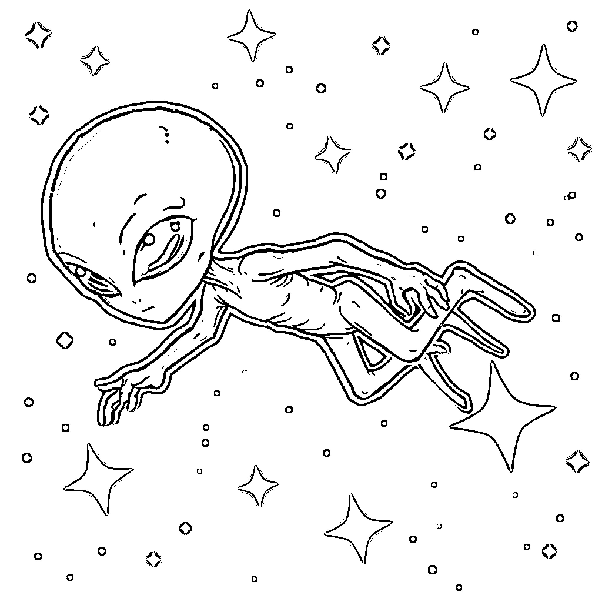Alien creature exploring the starry night sky Coloring Page (free black-and-white line drawing printable PDF for all, from beginners to advanced learners, including children, teens, adults, and seniors)