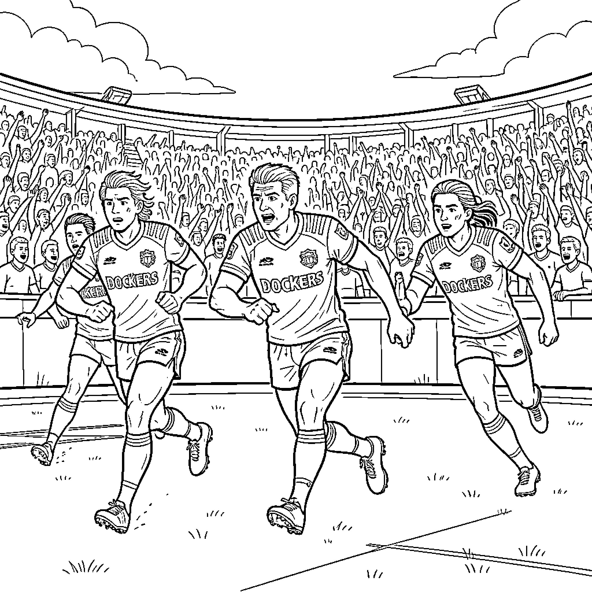 Fremantle Docker players running and celebrating on the field Coloring Page (free black-and-white line drawing printable PDF for all, from beginners to advanced learners, including children, teens, adults, and seniors)