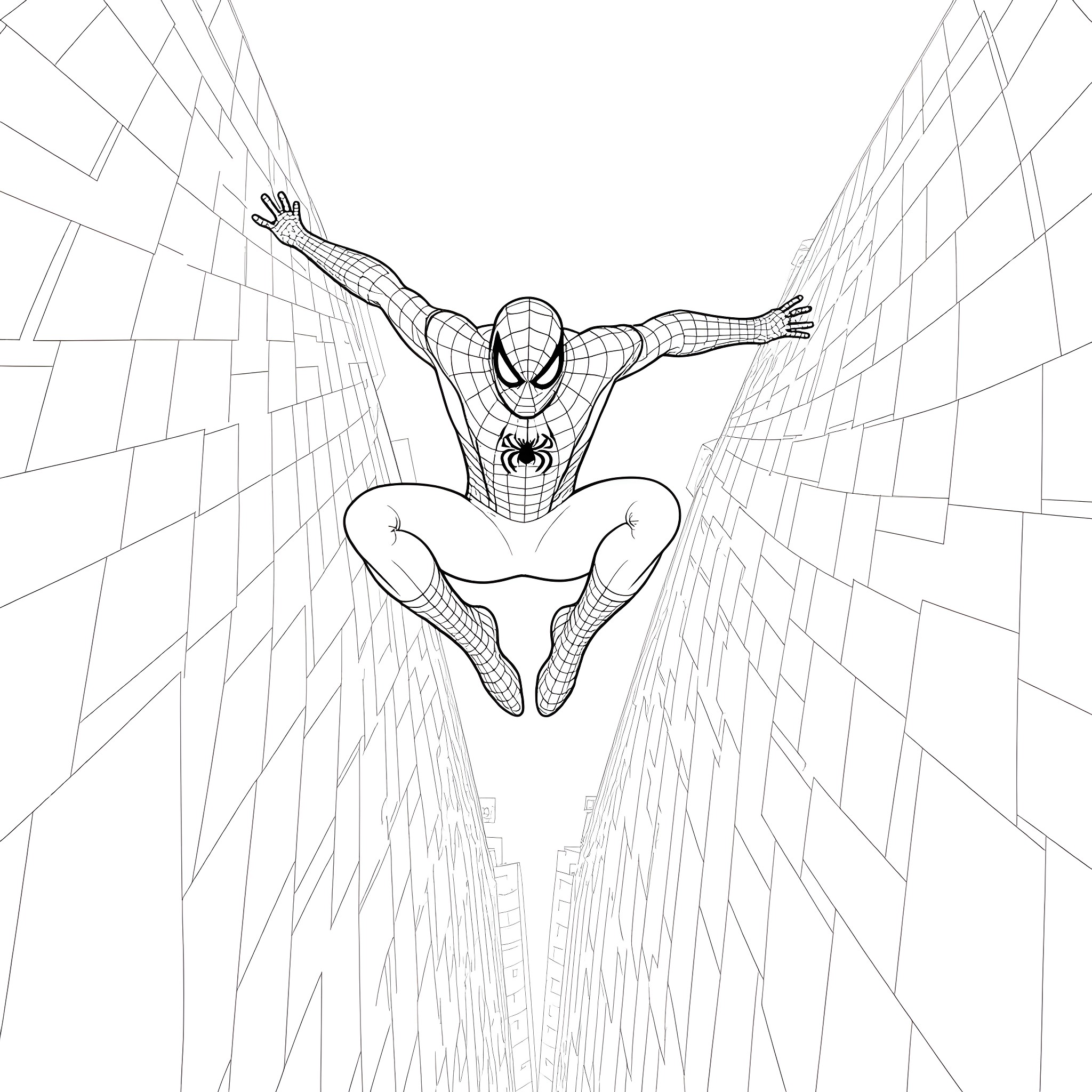 Spider-Man swinging through the city skyline Coloring Page (free black-and-white line drawing printable PDF for all, from beginners to advanced learners, including children, teens, adults, and seniors)