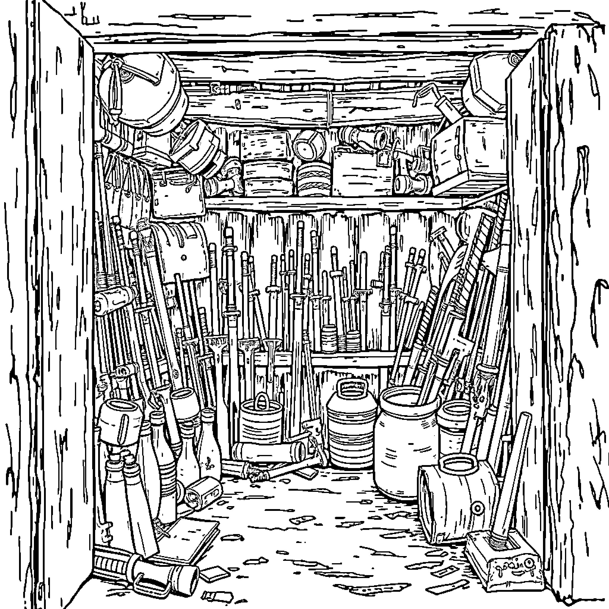 Zombie's Cluttered Tool Shed Coloring Page (free black-and-white line drawing printable PDF for all, from beginners to advanced learners, including children, teens, adults, and seniors)