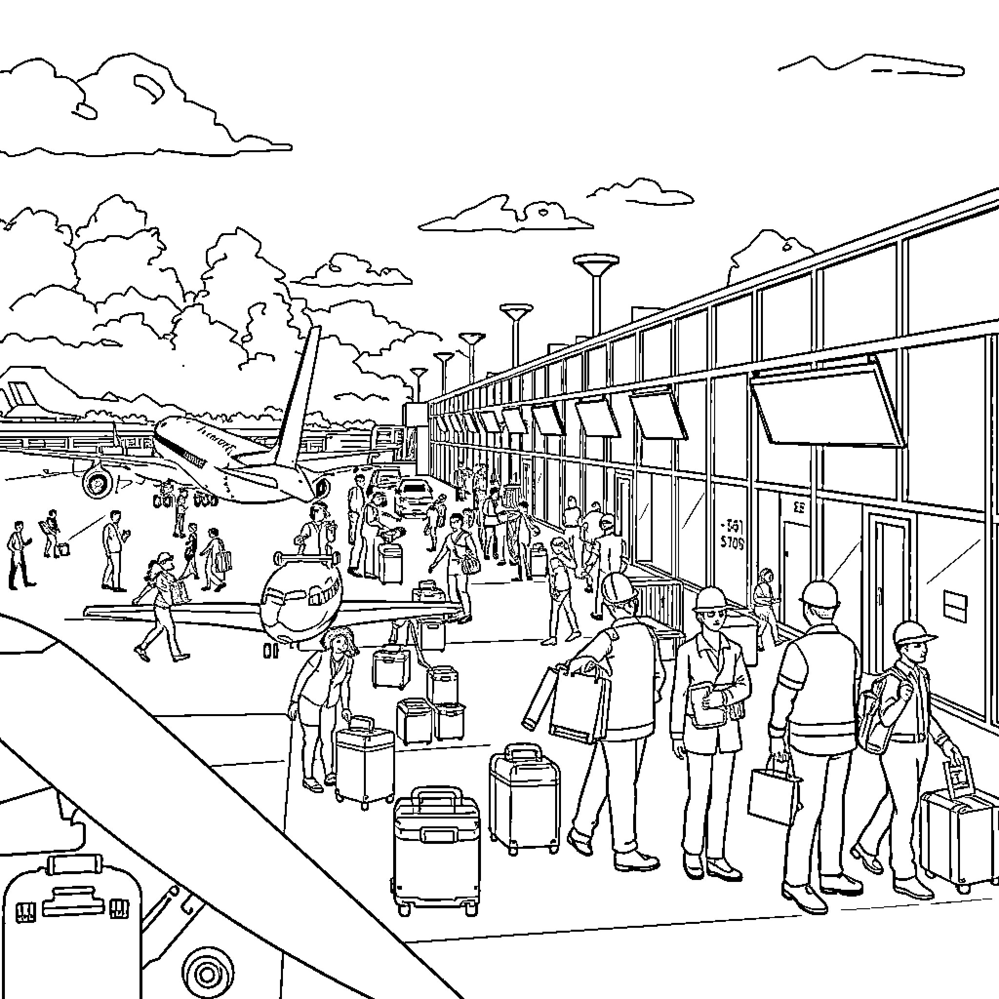 Airport Travelers Rushing Through Busy Terminal Coloring Page (free black-and-white line drawing printable PDF for all, from beginners to advanced learners, including children, teens, adults, and seniors)