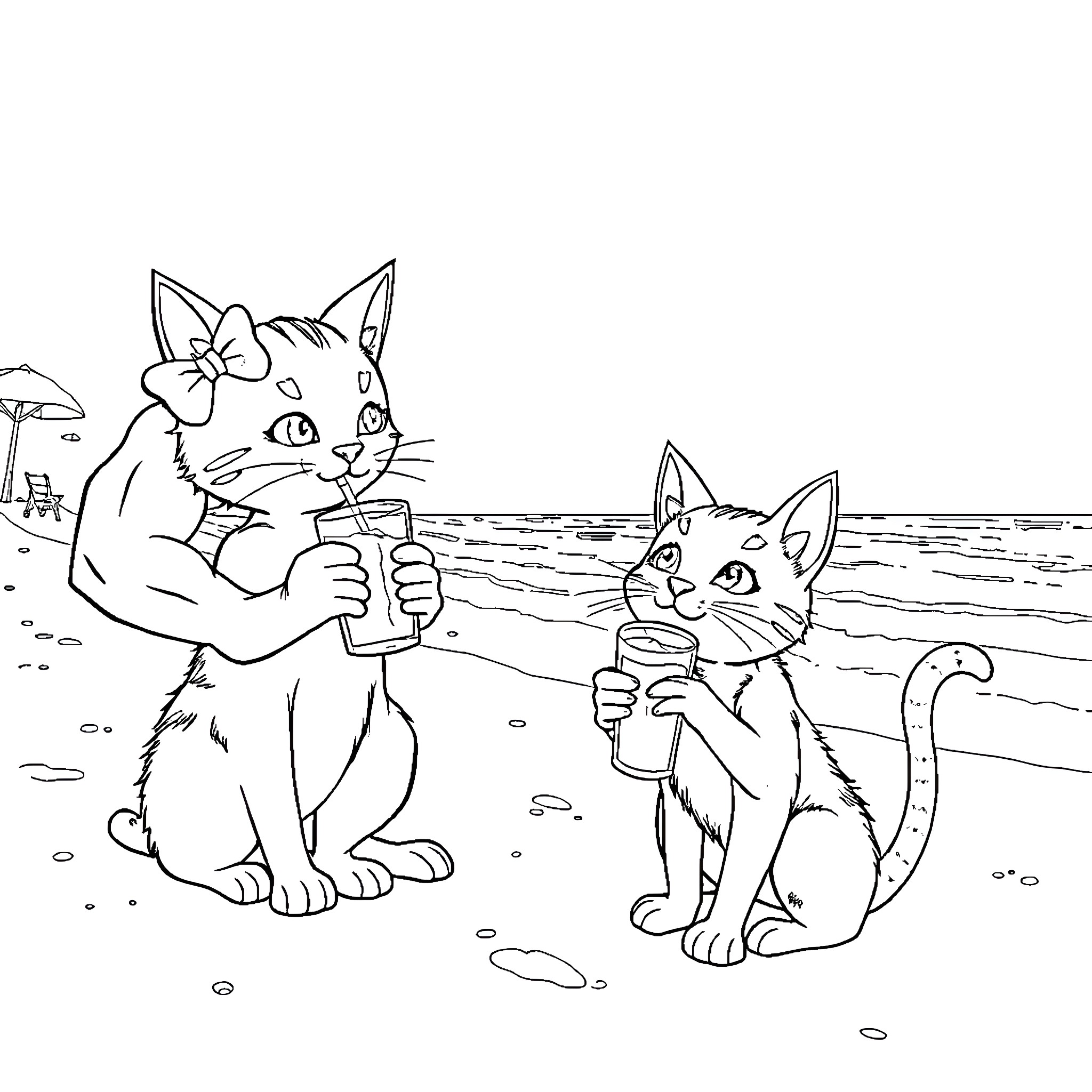 Cats enjoying drinks on the beach Coloring Page (free black-and-white line drawing printable PDF for all, from beginners to advanced learners, including children, teens, adults, and seniors)