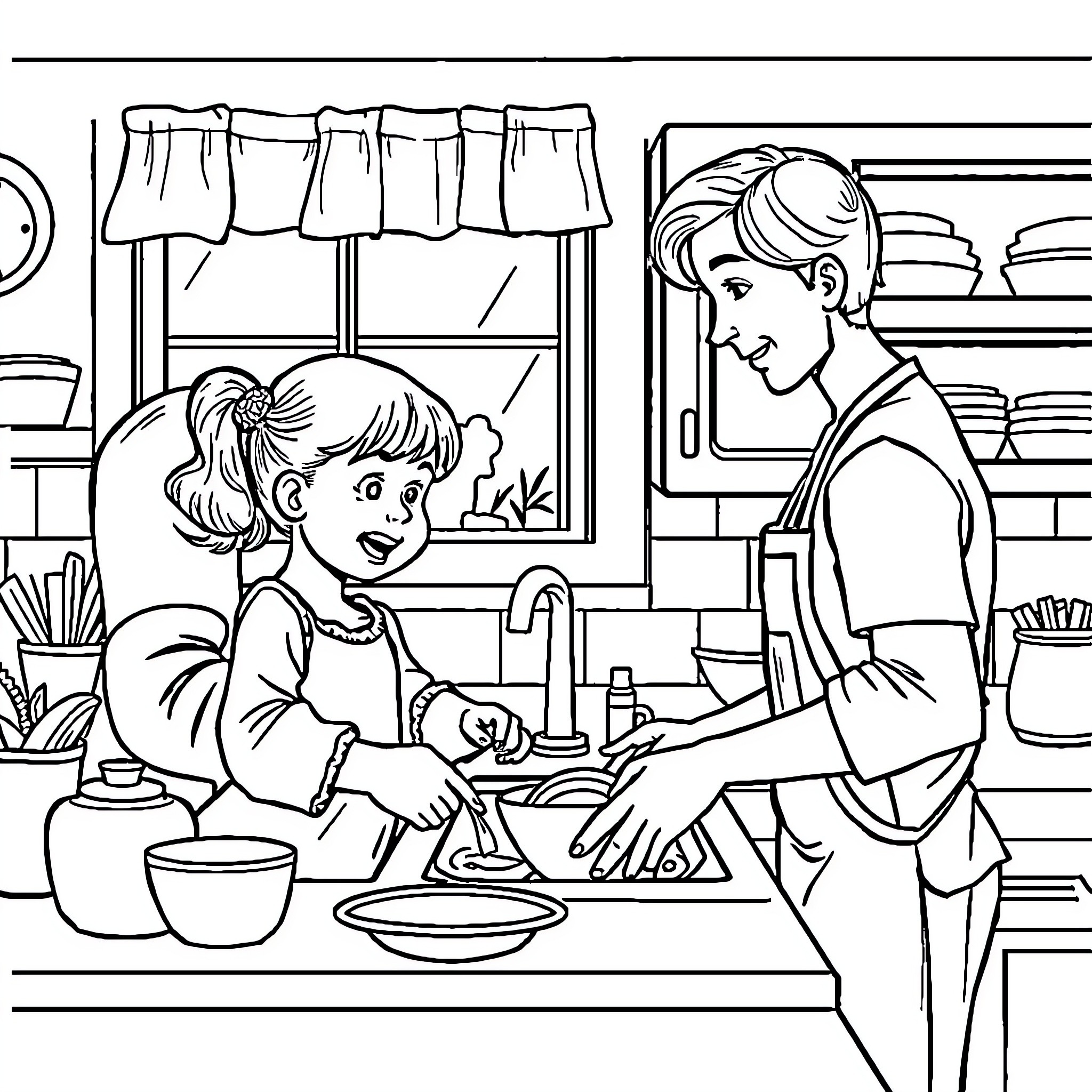 Daughter helping mother in the kitchen Coloring Page (free black-and-white line drawing printable PDF for all, from beginners to advanced learners, including children, teens, adults, and seniors)