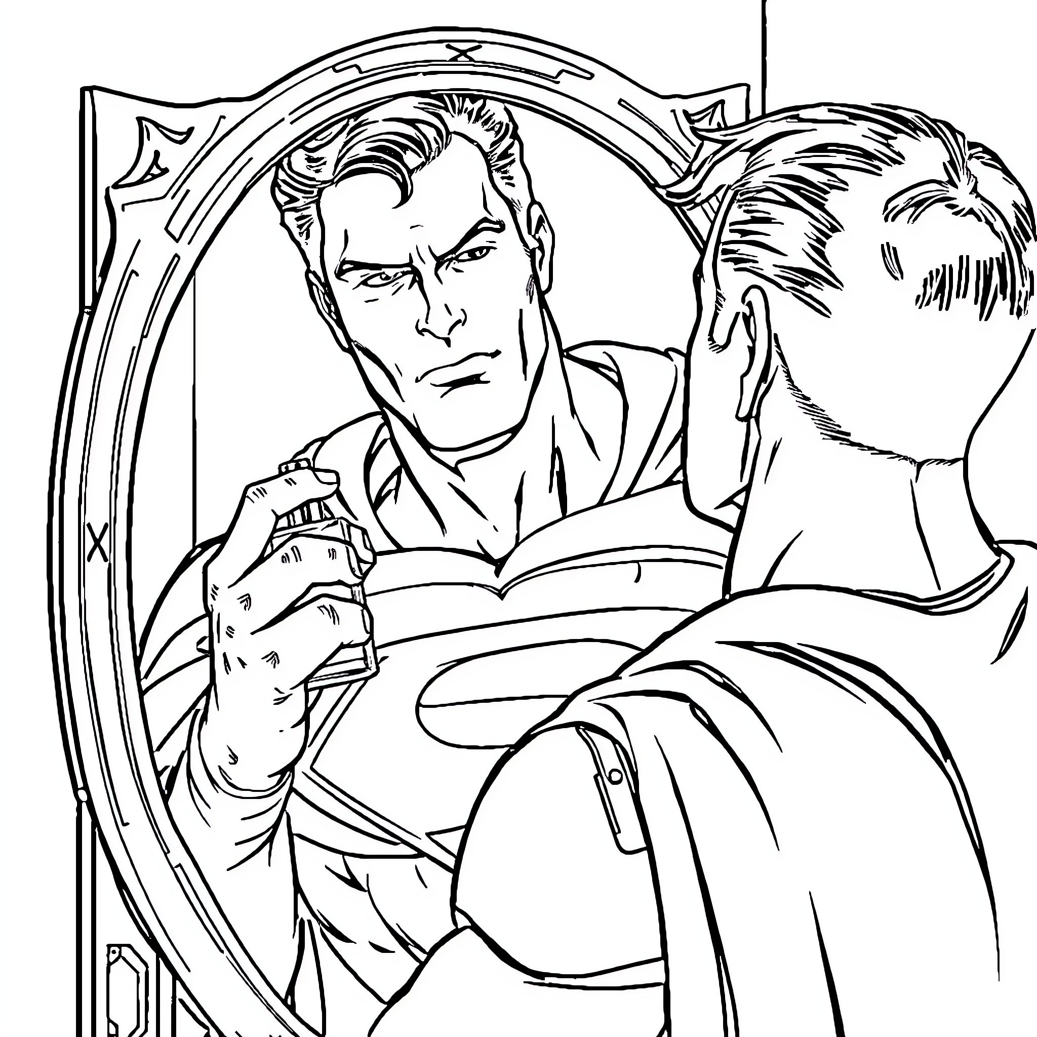 Superman's Serious Reflection in the Mirror Coloring Page (free black-and-white line drawing printable PDF for all, from beginners to advanced learners, including children, teens, adults, and seniors)