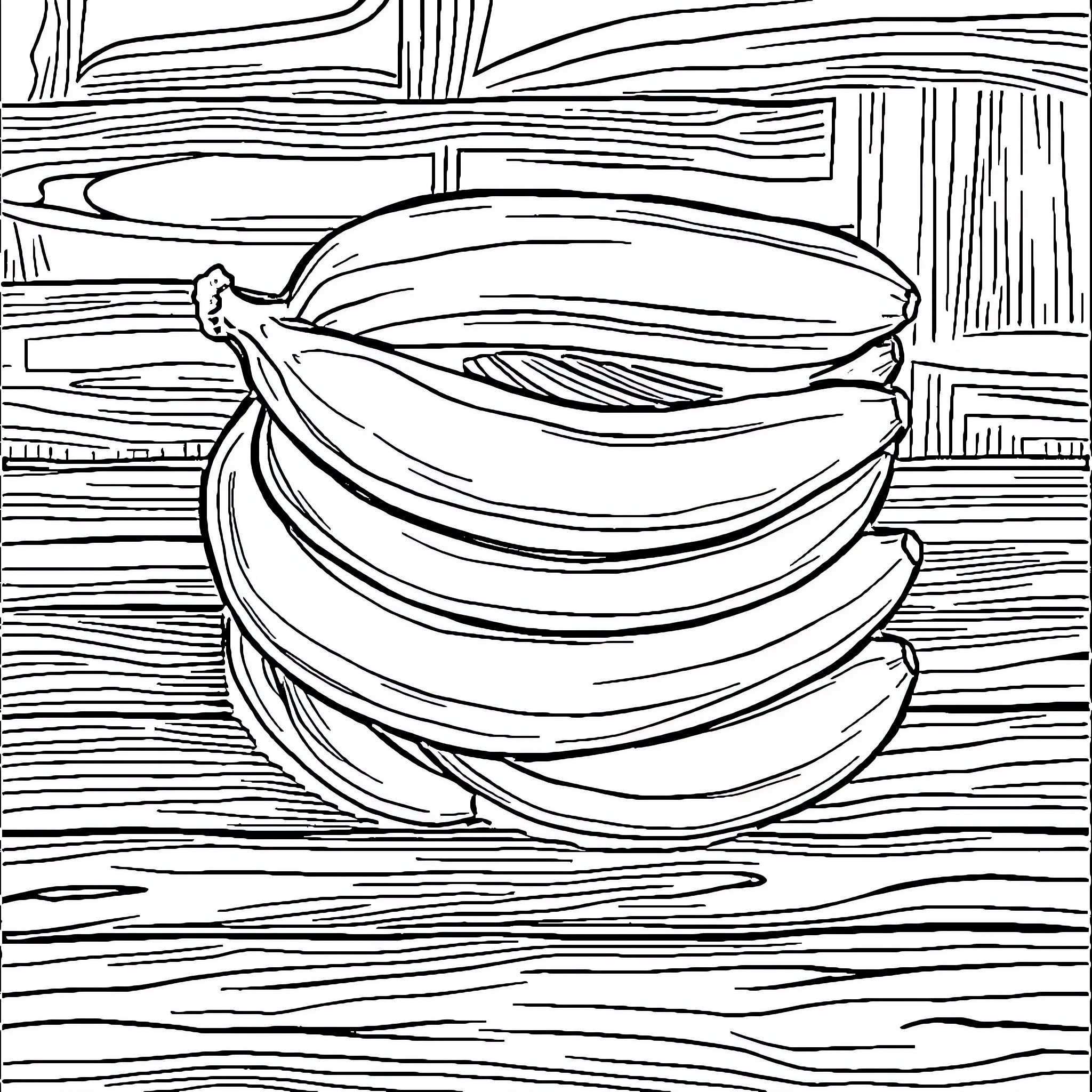 Nana's Bananas on Wooden Boards Coloring Page (free black-and-white line drawing printable PDF for all, from beginners to advanced learners, including children, teens, adults, and seniors)