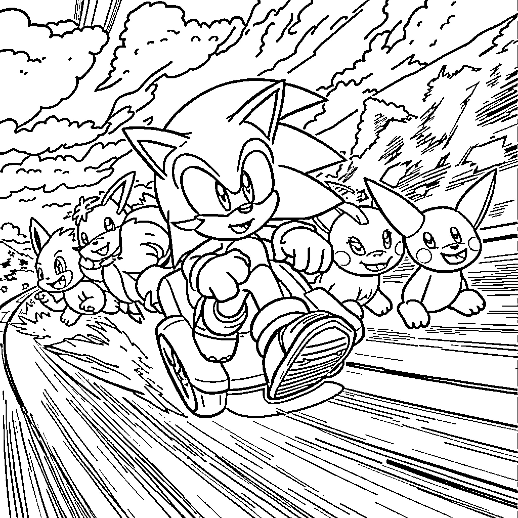 Sonic and friends racing through a dramatic scene Coloring Page (free black-and-white line drawing printable PDF for all, from beginners to advanced learners, including children, teens, adults, and seniors)