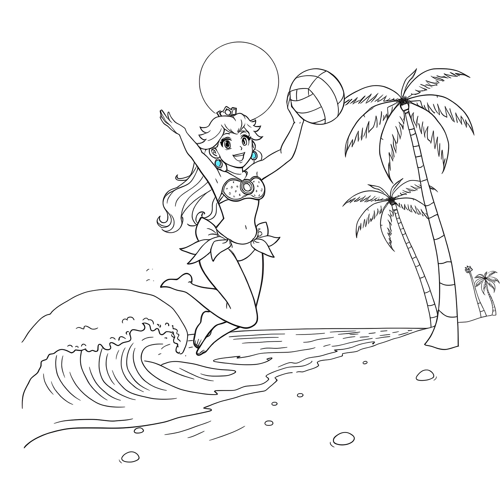 Princess Enjoying a Day at the Beach Coloring Page (free black-and-white line drawing printable PDF for all, from beginners to advanced learners, including children, teens, adults, and seniors)