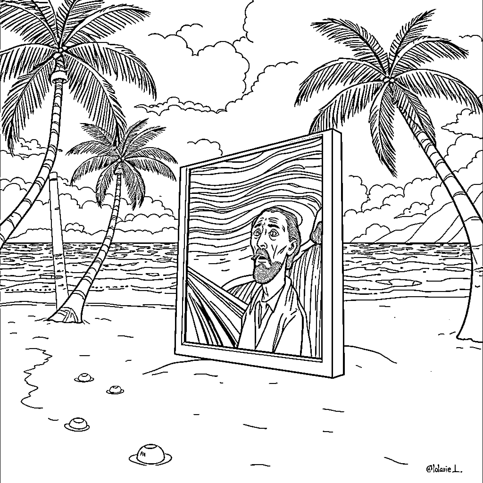 Scream of the Trapped Figure on the Beach Coloring Page (free black-and-white line drawing printable PDF for all, from beginners to advanced learners, including children, teens, adults, and seniors)