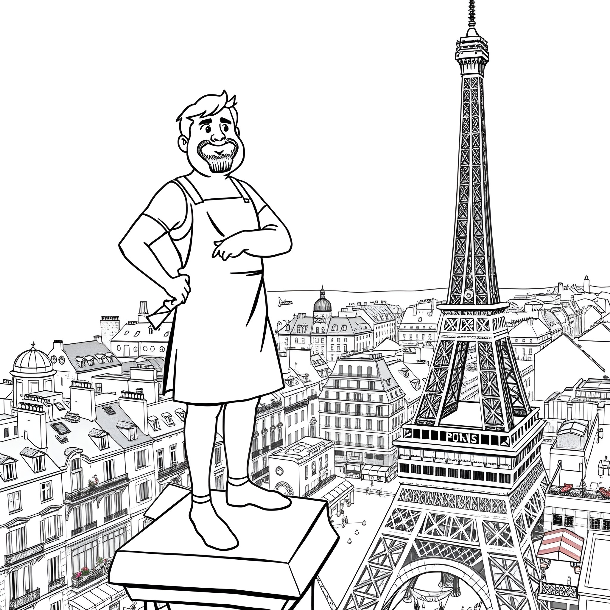 Bob standing proudly on Eiffel Tower overlooking Paris Coloring Page (free black-and-white line drawing printable PDF for all, from beginners to advanced learners, including children, teens, adults, and seniors)