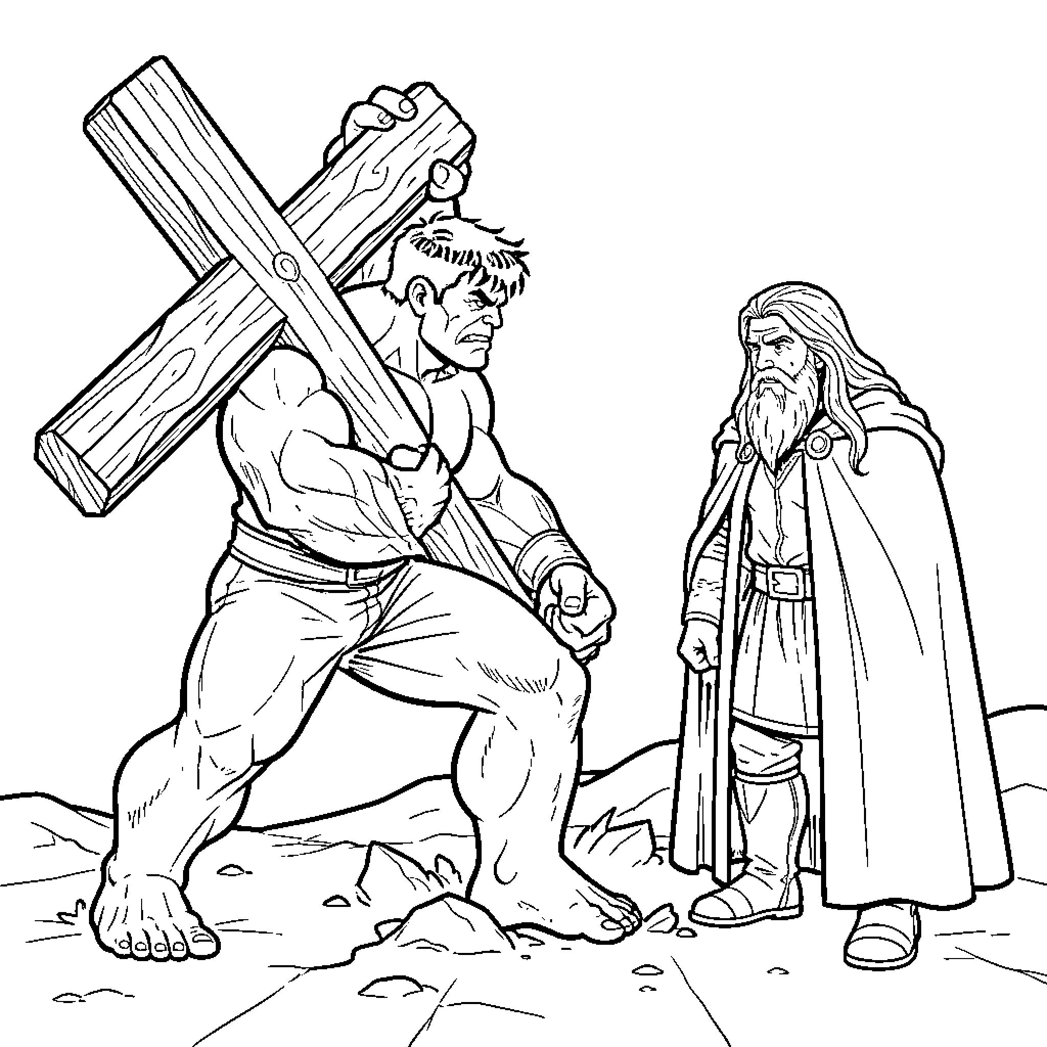 Hulk carrying a large wooden cross while facing a man Coloring Page (free black-and-white line drawing printable PDF for all, from beginners to advanced learners, including children, teens, adults, and seniors)