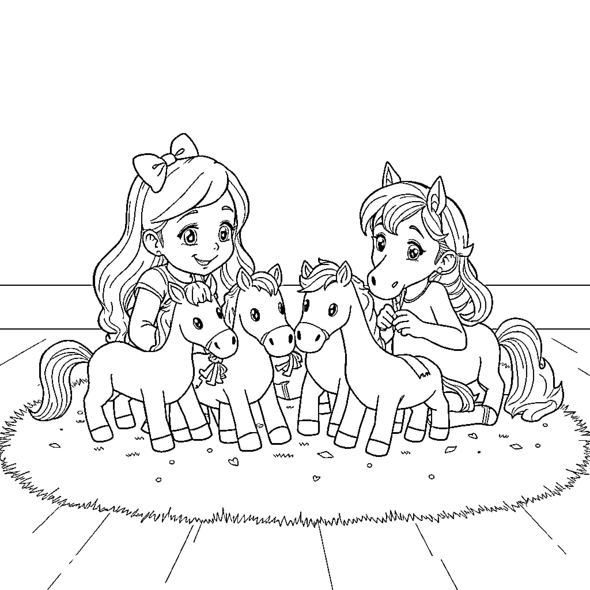 Anya's Imaginative Pony Adventure Coloring Page (free black-and-white line drawing printable PDF for all, from beginners to advanced learners, including children, teens, adults, and seniors)