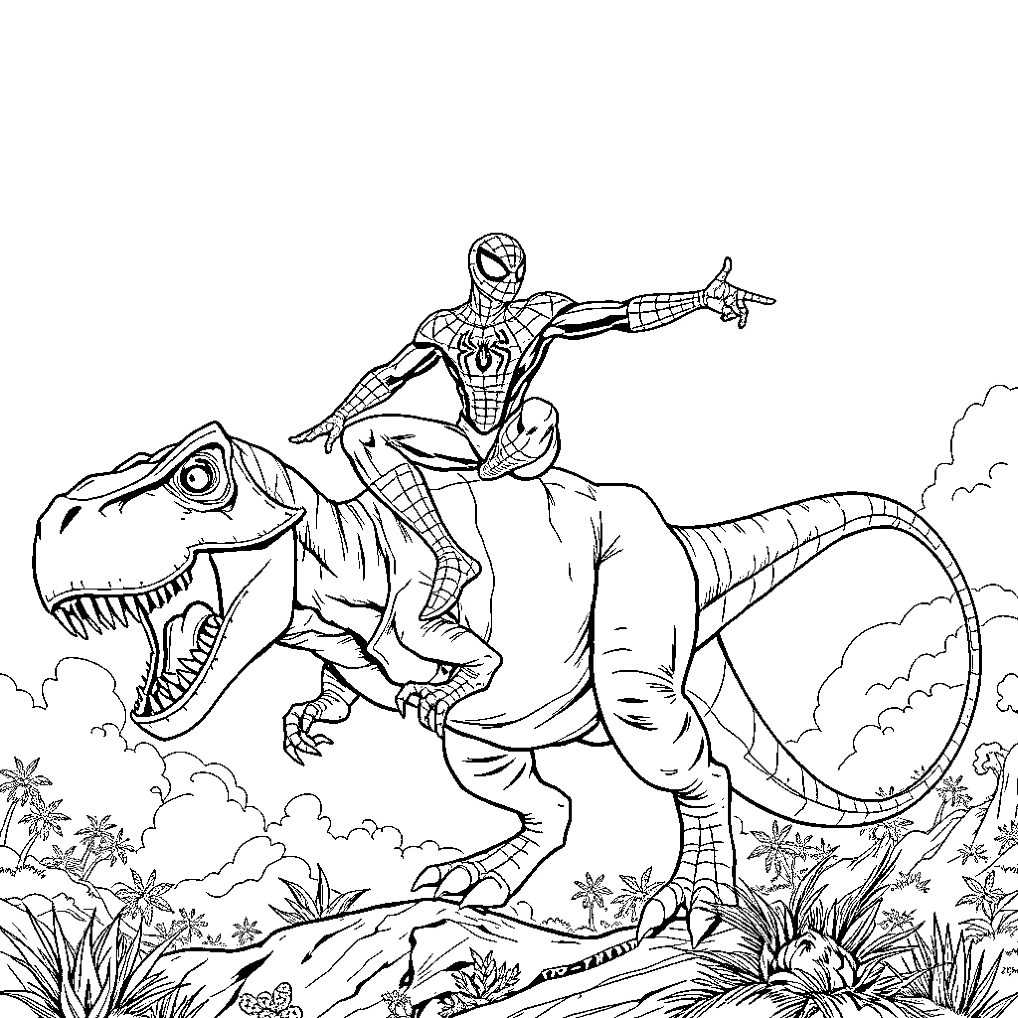 Spider-Man Battles Ferocious Dinosaur in Lush Jungle Coloring Page (free black-and-white line drawing printable PDF for all, from beginners to advanced learners, including children, teens, adults, and seniors)