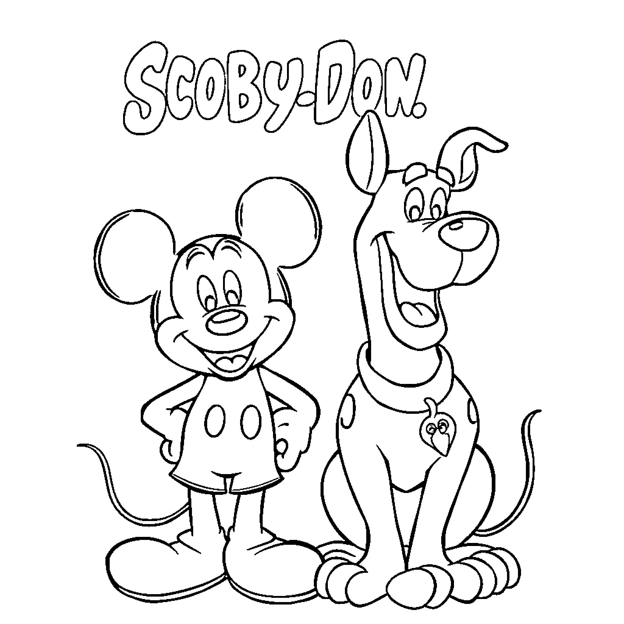 Mickey Mouse and Scooby-Doo in cartoon adventure Coloring Page (free black-and-white line drawing printable PDF for all, from beginners to advanced learners, including children, teens, adults, and seniors)