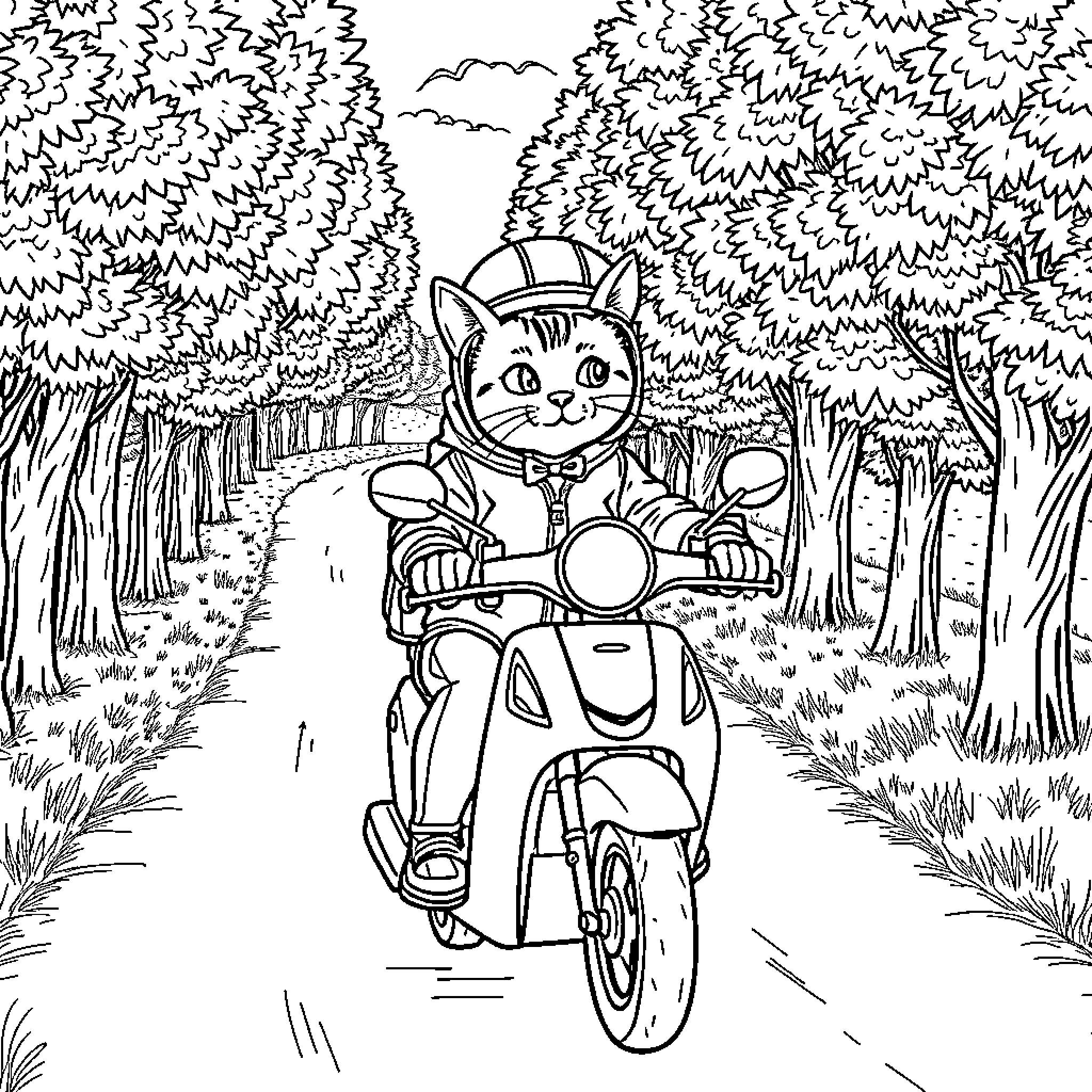Gato riding motorcycle through forest Coloring Page (free black-and-white line drawing printable PDF for all, from beginners to advanced learners, including children, teens, adults, and seniors)