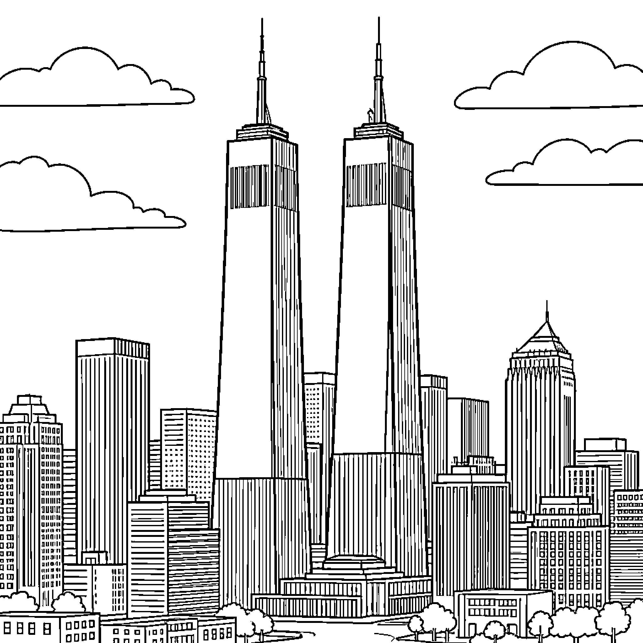 World Trade Center Towers in New York City Skyline Coloring Page (free black-and-white line drawing printable PDF for all, from beginners to advanced learners, including children, teens, adults, and seniors)