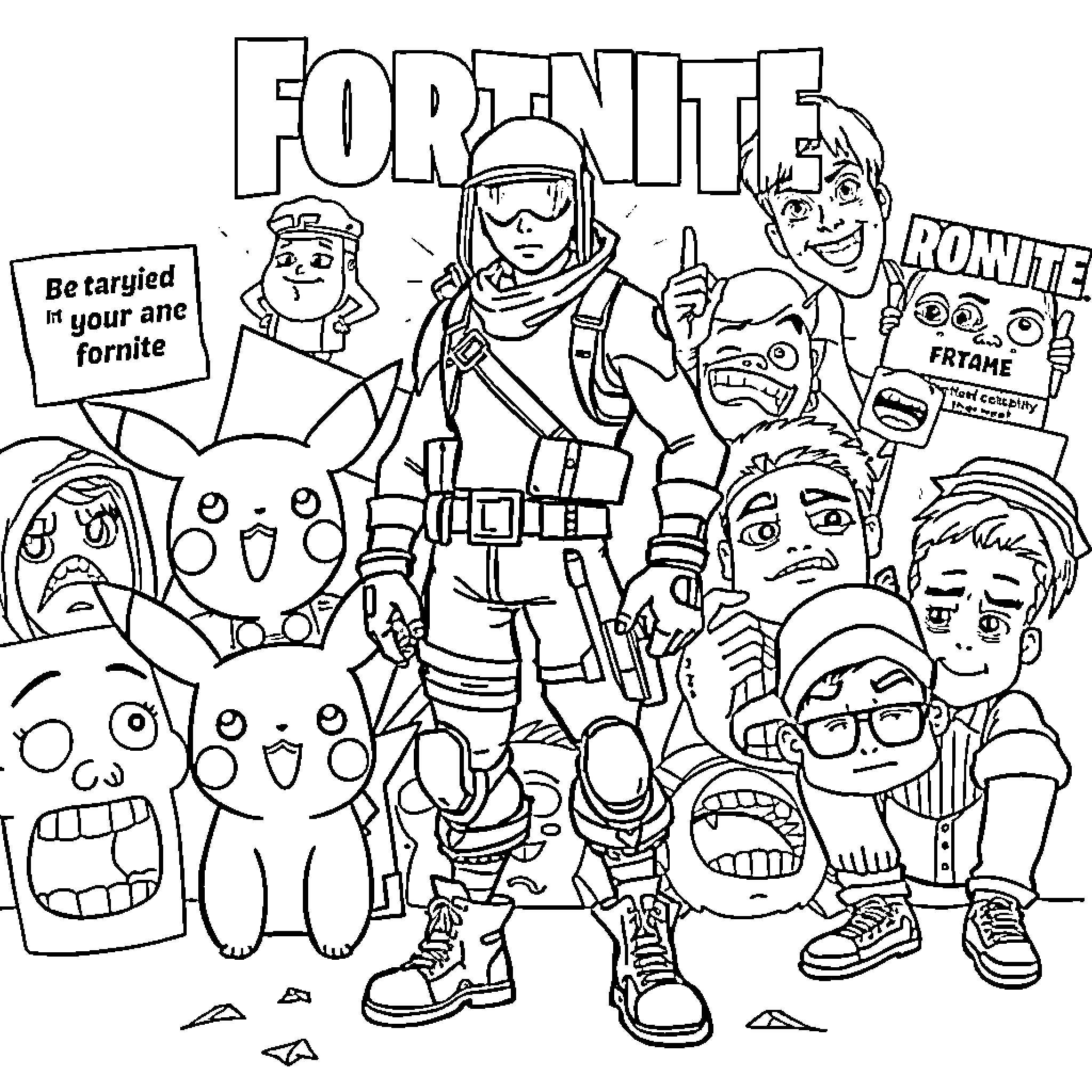 Fortnite Characters in Action-Packed Poses Coloring Page (free black-and-white line drawing printable PDF for all, from beginners to advanced learners, including children, teens, adults, and seniors)
