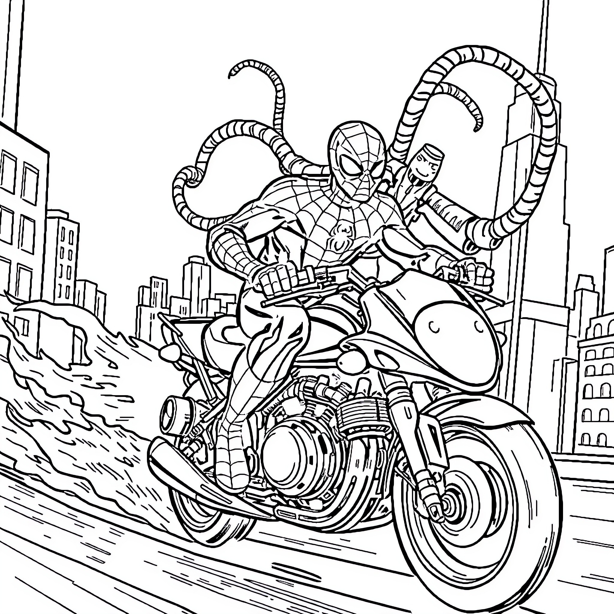 Spiderman's Thrilling Motorcycle Chase in the City Coloring Page (free black-and-white line drawing printable PDF for all, from beginners to advanced learners, including children, teens, adults, and seniors)
