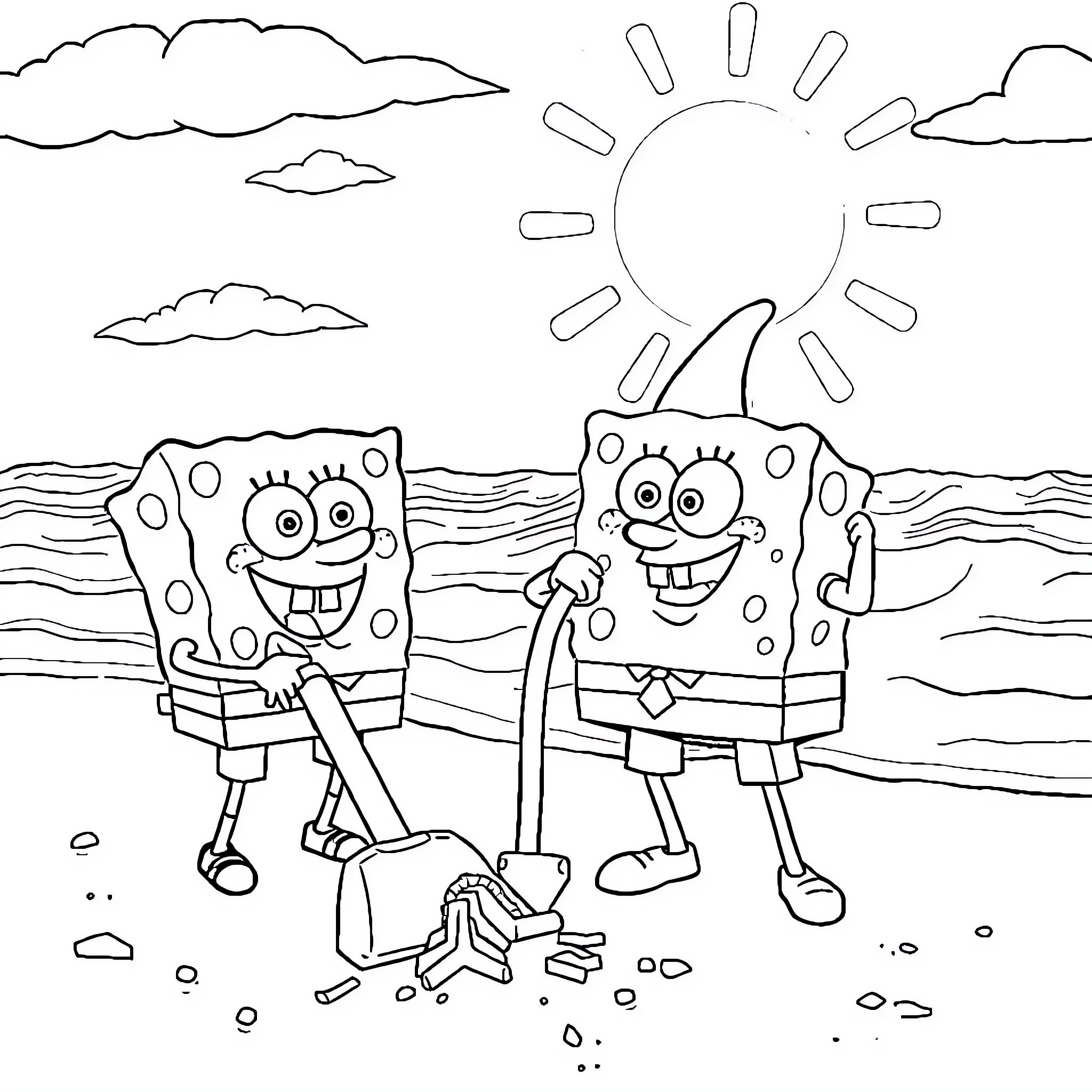 Spongebob and Patrick playing on the beach Coloring Page (free black-and-white line drawing printable PDF for all, from beginners to advanced learners, including children, teens, adults, and seniors)