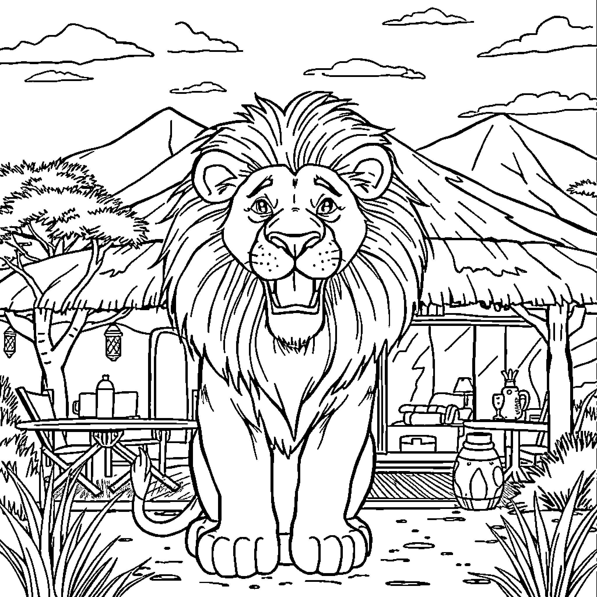 Lion Roaring Proudly in Safari Landscape Coloring Page (free black-and-white line drawing printable PDF for all, from beginners to advanced learners, including children, teens, adults, and seniors)