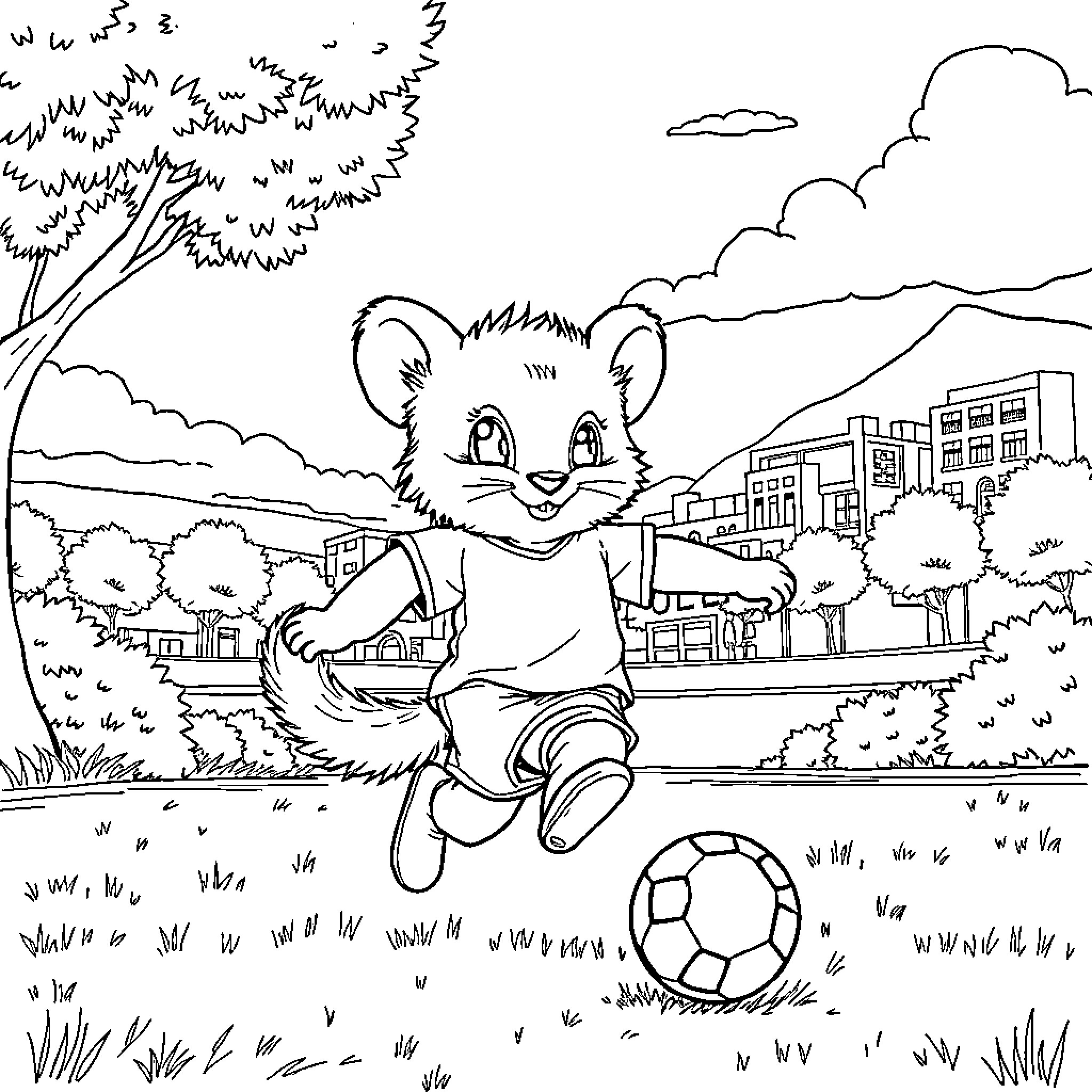 Teddy Bear playing with a soccer ball in the park Coloring Page (free black-and-white line drawing printable PDF for all, from beginners to advanced learners, including children, teens, adults, and seniors)