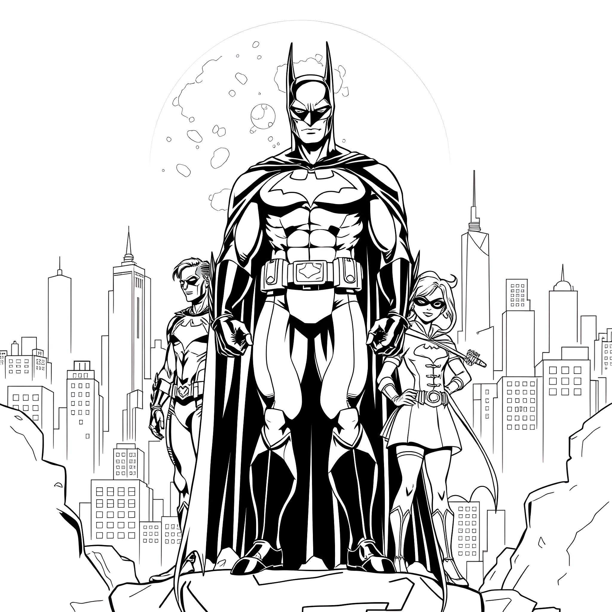 Batman leading his superhero team in the city Coloring Page (free black-and-white line drawing printable PDF for all, from beginners to advanced learners, including children, teens, adults, and seniors)