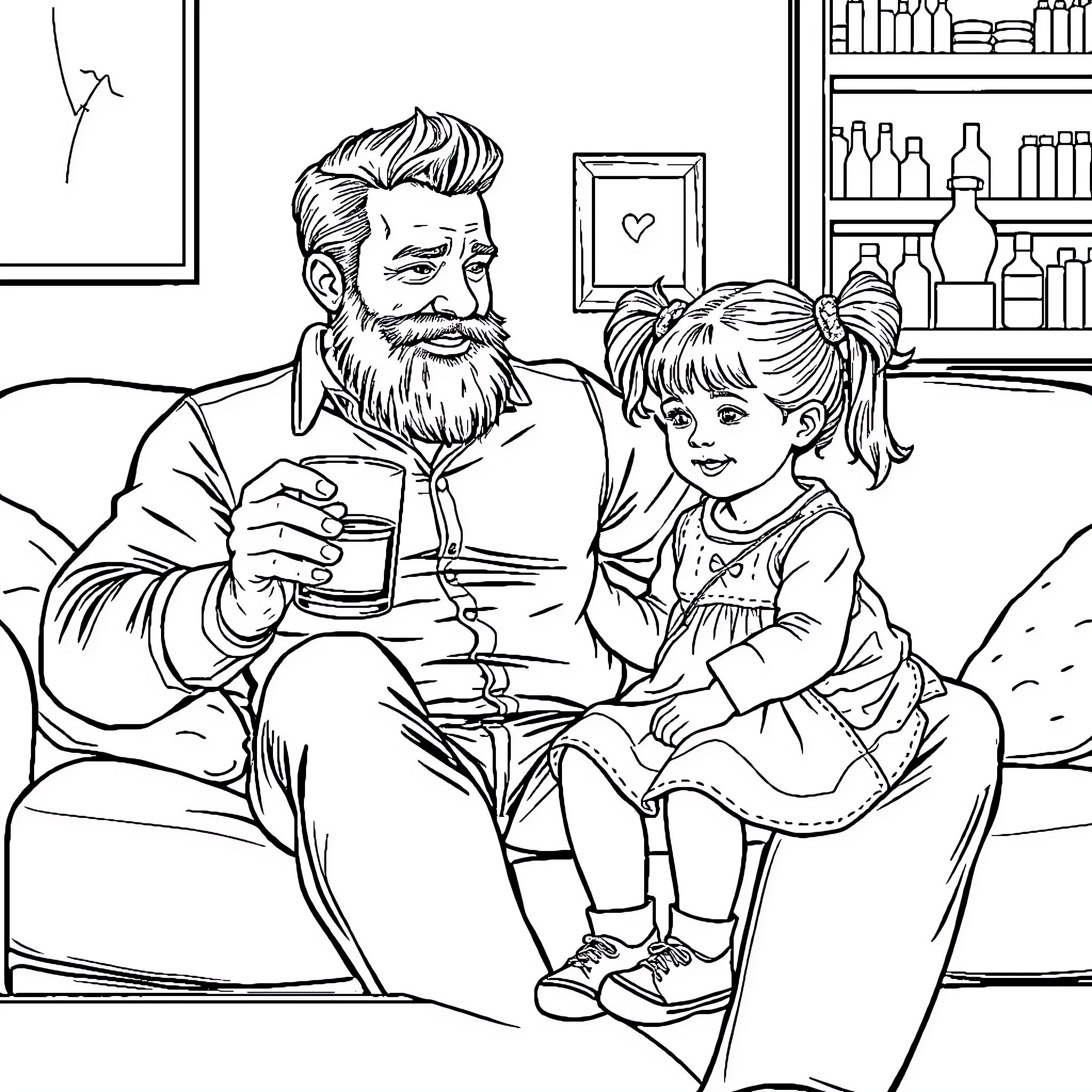 Dad sharing a special moment with his daughter Coloring Page (free black-and-white line drawing printable PDF for all, from beginners to advanced learners, including children, teens, adults, and seniors)