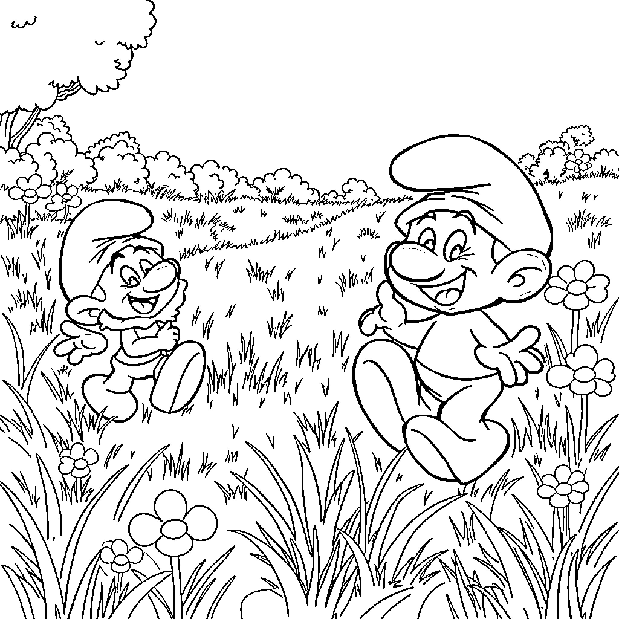 Smurfs Playing in the Grassy Field Coloring Page (free black-and-white line drawing printable PDF for all, from beginners to advanced learners, including children, teens, adults, and seniors)