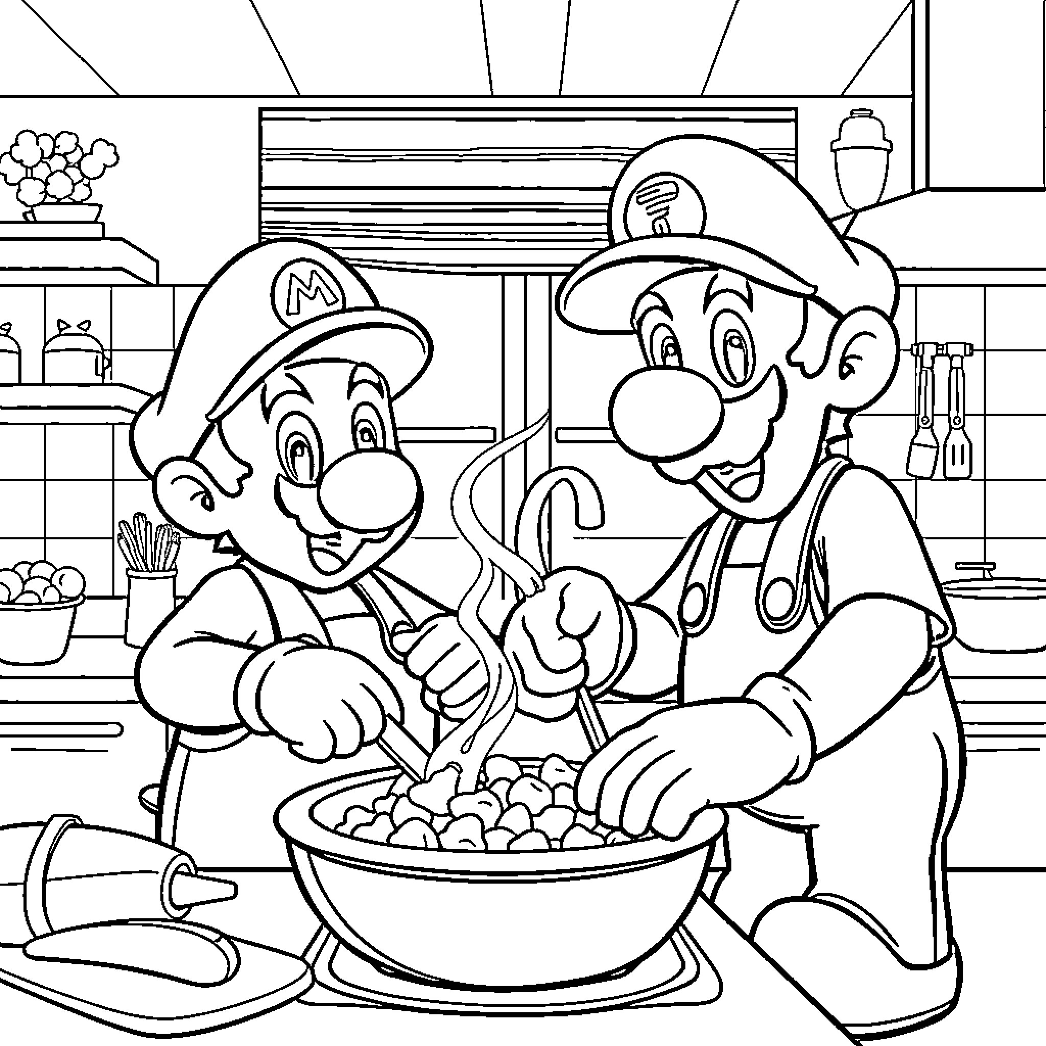 Mario brothers preparing a meal together Coloring Page (free black-and-white line drawing printable PDF for all, from beginners to advanced learners, including children, teens, adults, and seniors)