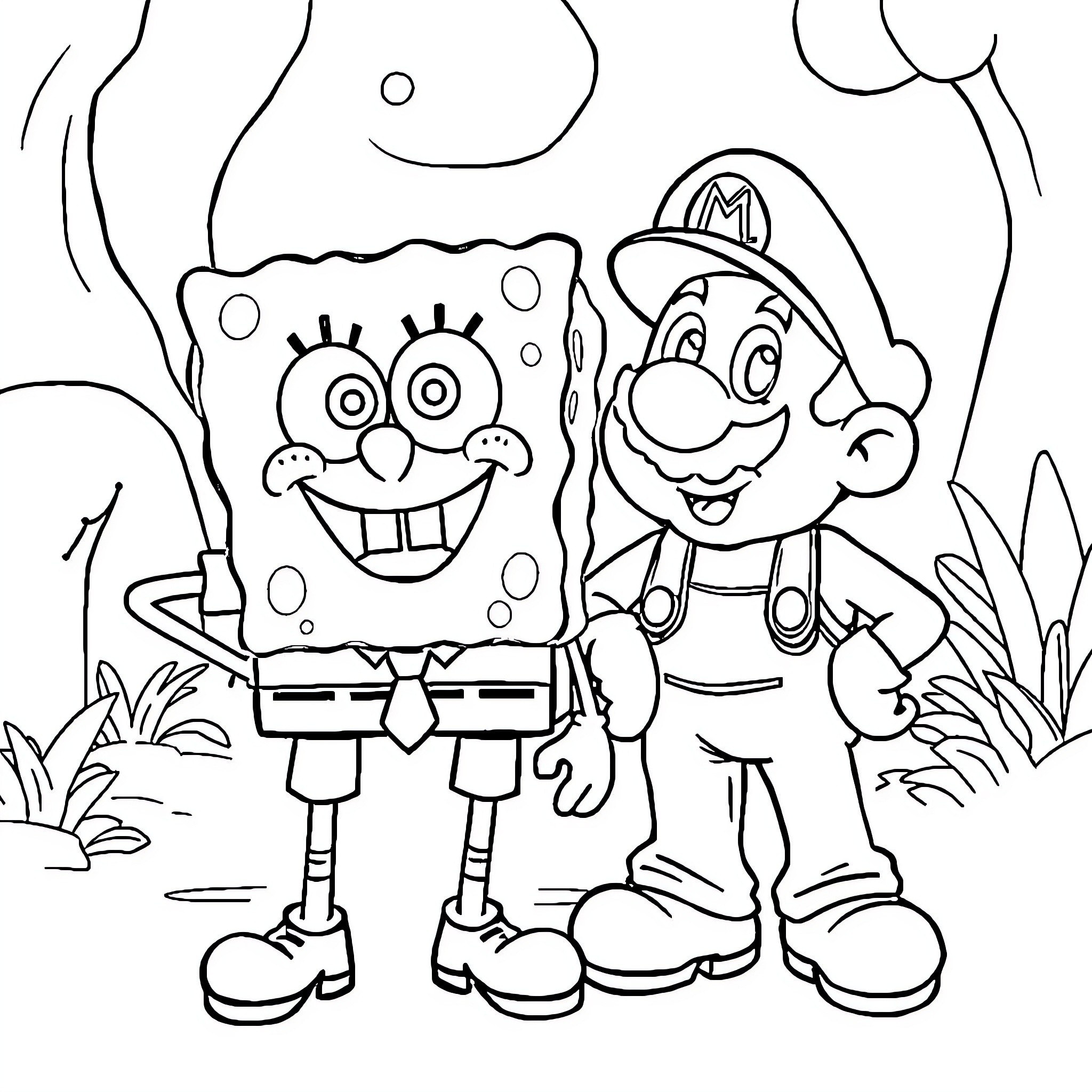 Spongebob and Mario having an adventure Coloring Page (free black-and-white line drawing printable PDF for all, from beginners to advanced learners, including children, teens, adults, and seniors)