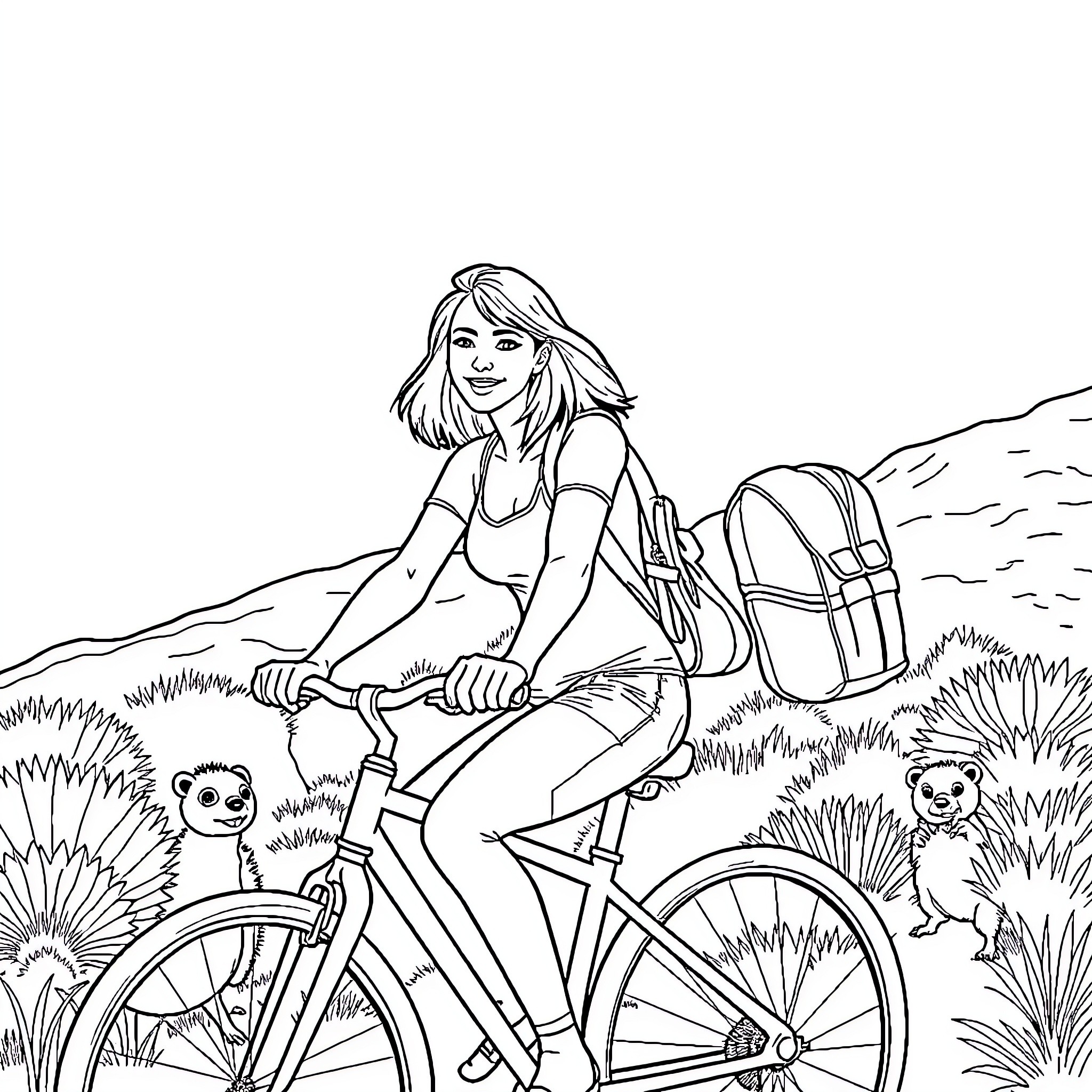 Man and Woman Biking in the Countryside Coloring Page (free black-and-white line drawing printable PDF for all, from beginners to advanced learners, including children, teens, adults, and seniors)